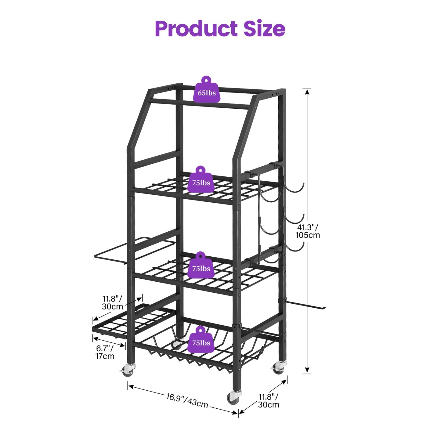 Homeiju Dumbbell Rack, 4 Tier Weight Rack for Home Gym, Yoga Mat Storage Holder with Lockable Wheels, Dumbbell Stand with Hooks, All in One Work out Equipment Storage for Yoga Mat Dumbbell and Balls