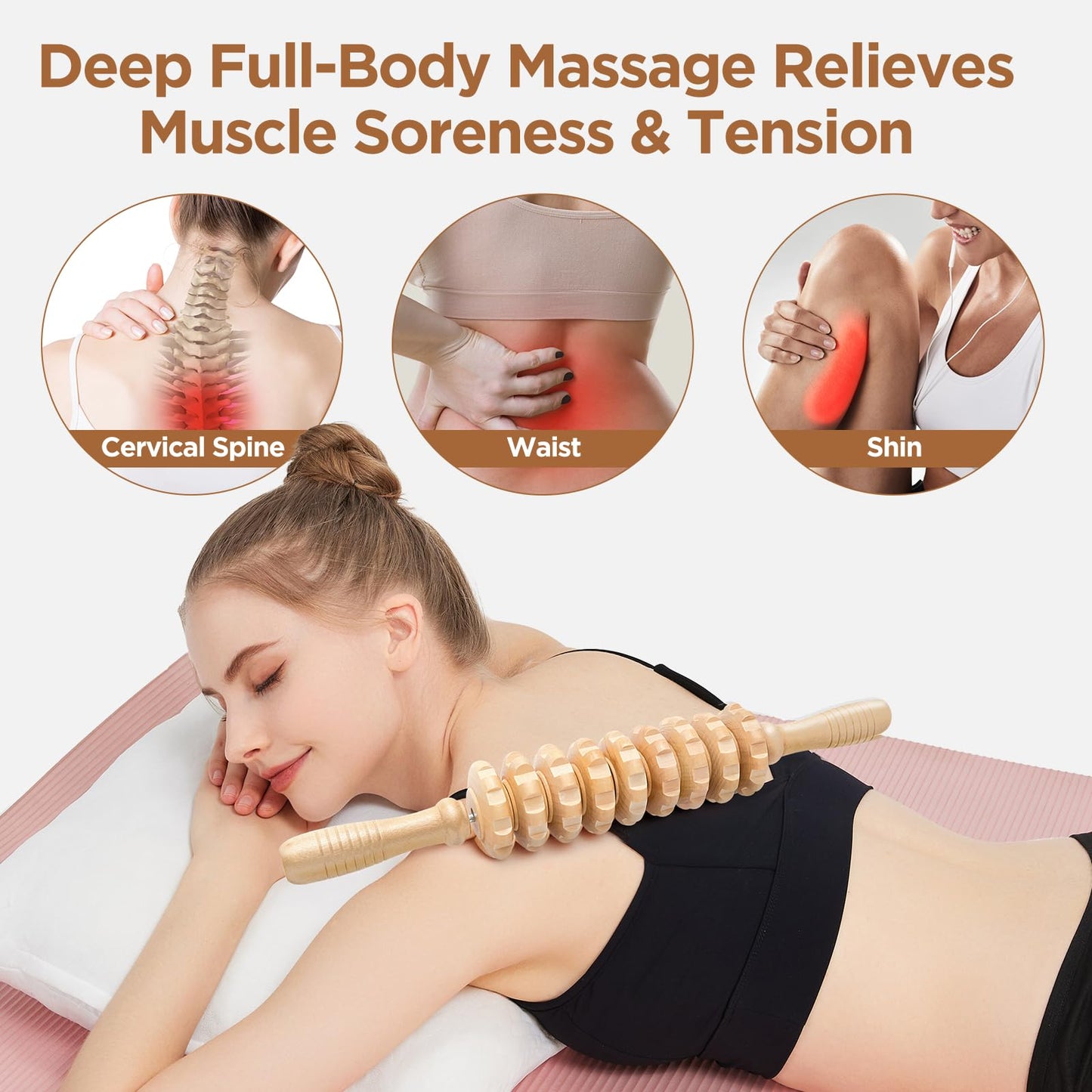 MZDXJ Wooden Cellulite Massage Roller for Legs and Thighs - Handheld Fascia Blaster Tool for Muscle Relief, Lymphatic Drainage & Body Sculpting - Anti Cellulite Massager for Women and Men (9 Wheel)