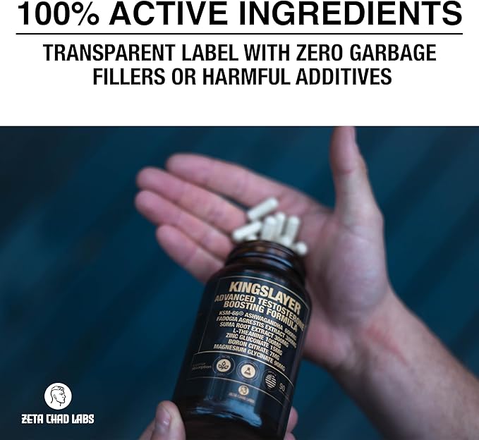 Kingslayer: 7-in-1 Testosterone Booster for Men w/KSM-66, Fadogia, Suma Root, L-Theanine, Zinc, Boron, Magnesium ??Muscle, Energy, Libido & Focus