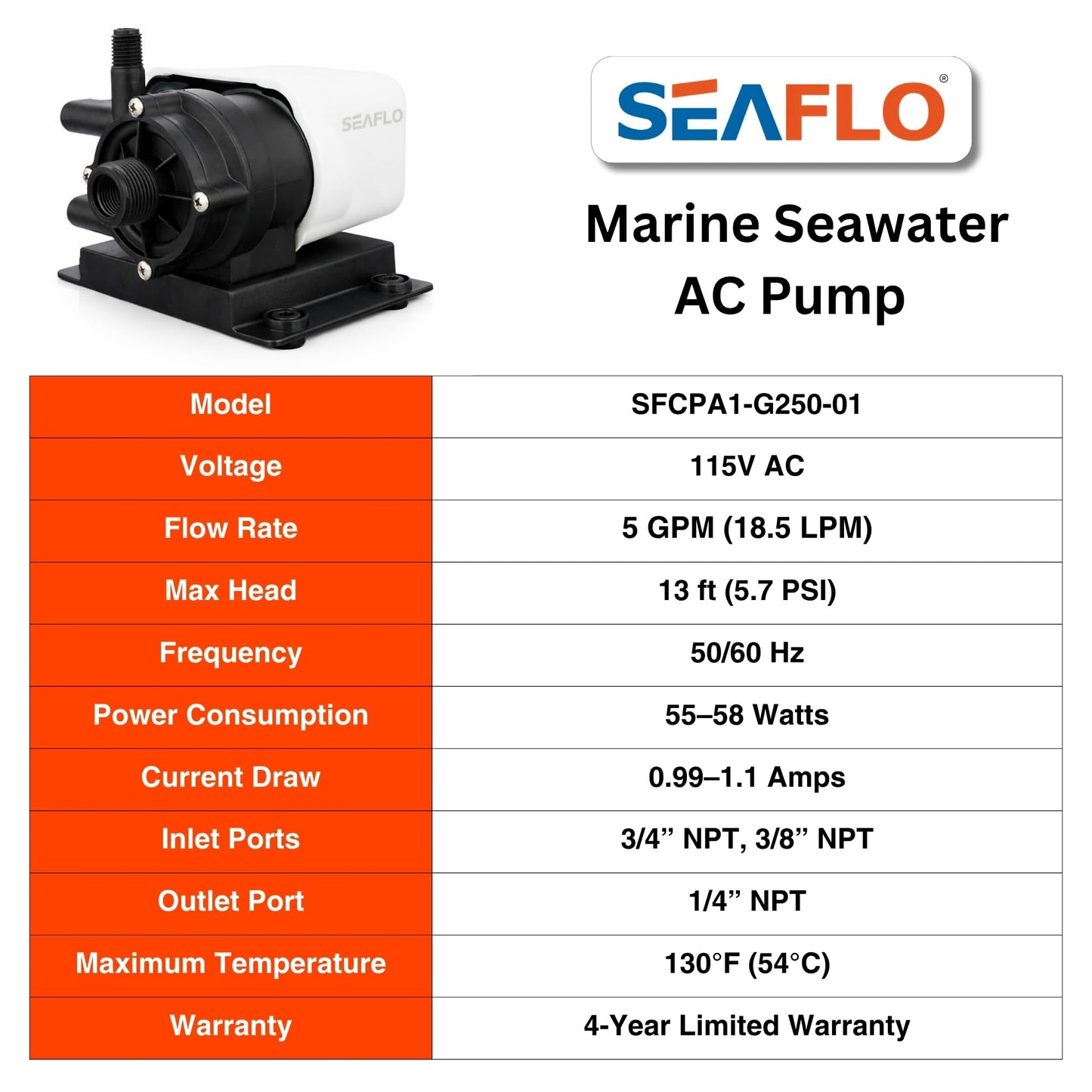 SEAFLO 250 GPH Marine AC Seawater Air Conditioning Pump - 115V AC 5 GPM Magnetic Drive Circulation for Systems up to 12000 BTU 13 ft Head Continuous Duty HVAC 4-Year Warranty