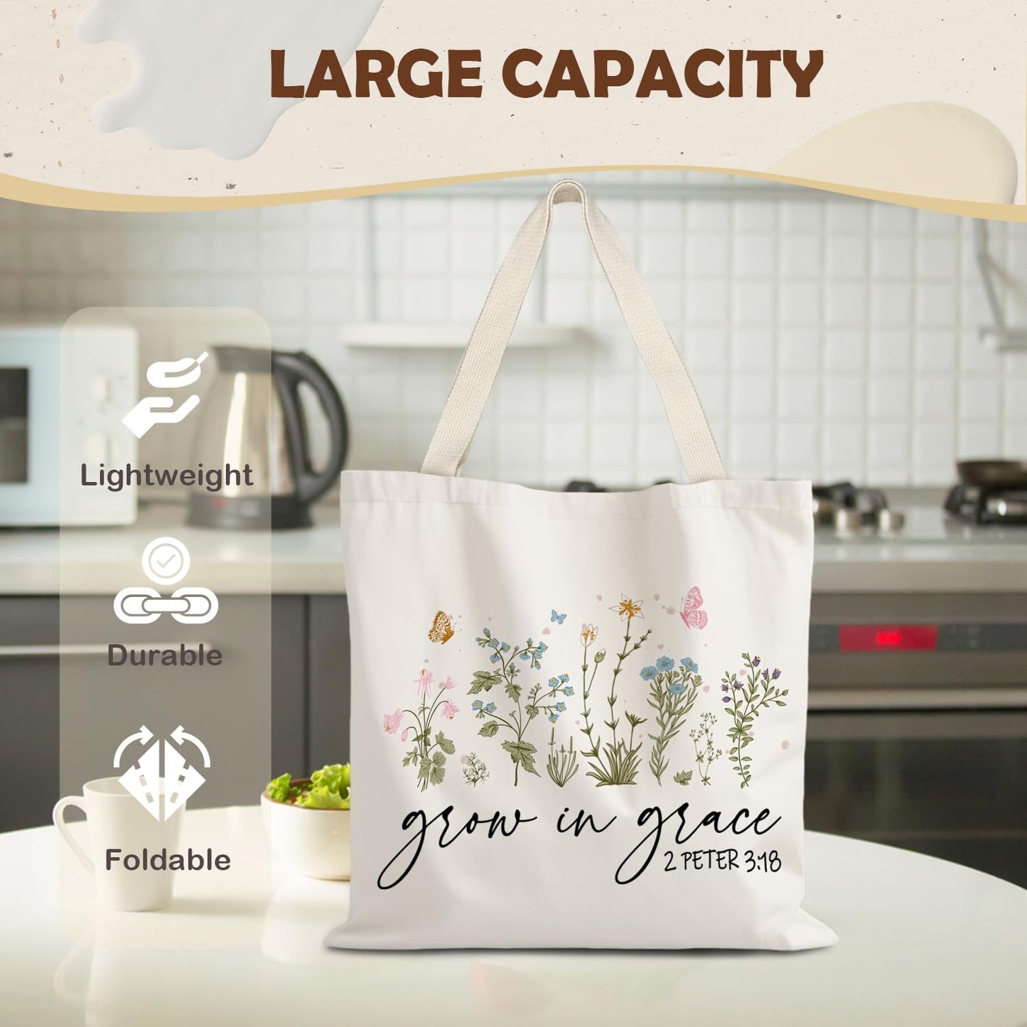 URLLUAE Boho Floral Christian Tote Bags for Women, Grow in Grace Bible Verses Canvas Tote Bag, Christian Gifts for Women, Faith Based Gifts, Reusable Shopping Grocery Bags