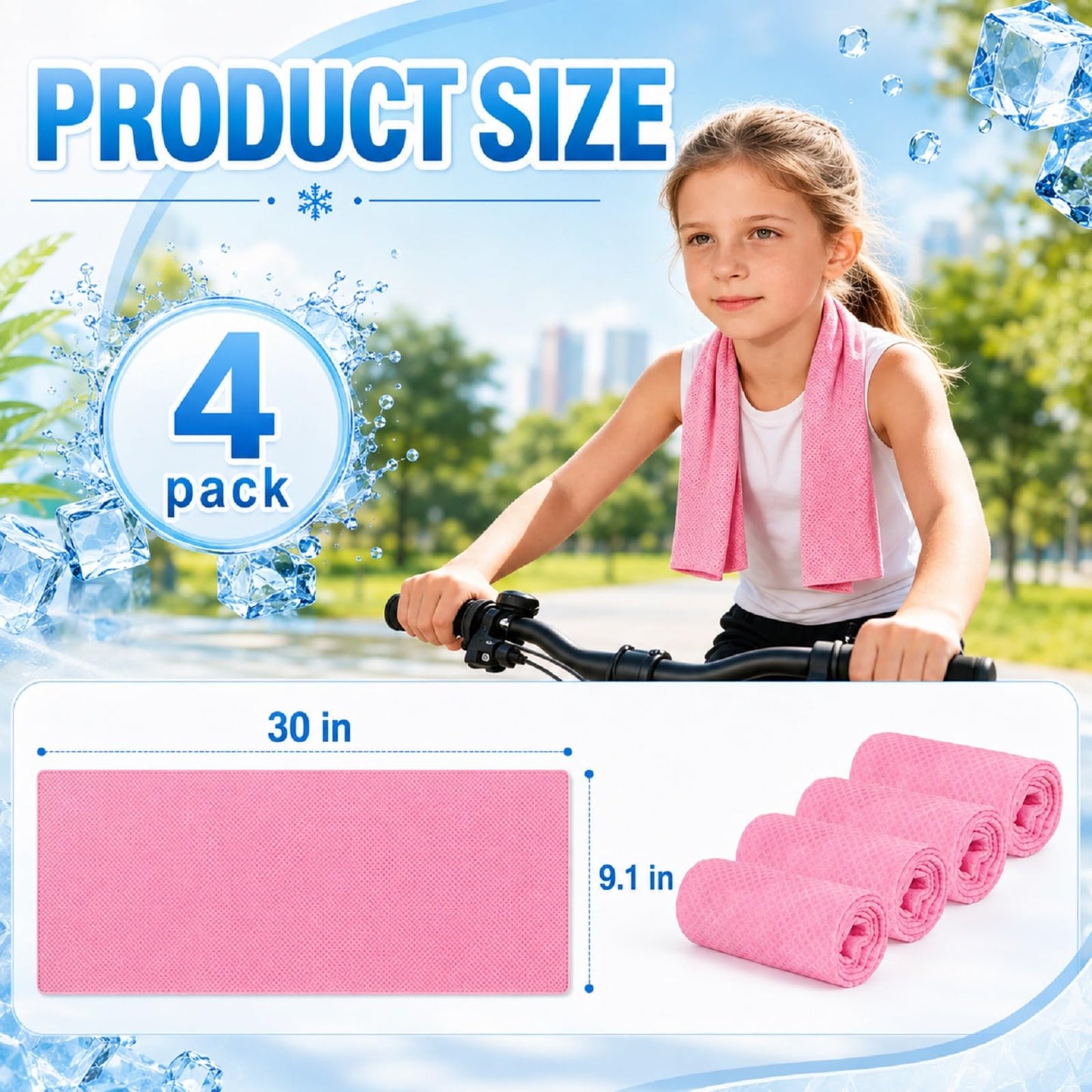 BobbleT Kids PVA Cooling Towels 4 Pack (30"x9") - Mini Instant Ice Cooling Towels for Neck & Face with UPF 50+ Sun Protection, Reusable Summer Heat Relief for Outdoor Activities, Pink