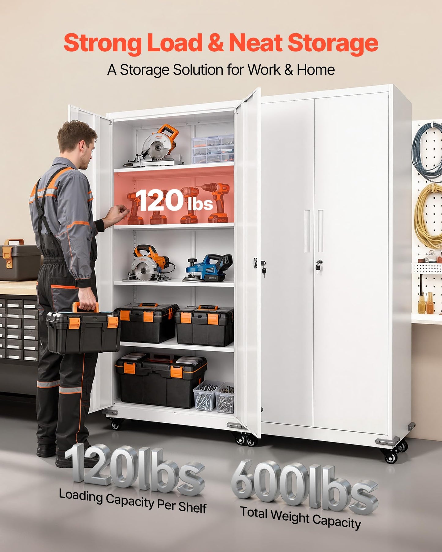 VEVOR Metal Storage Cabinet, 72.6 in Rolling Steel Garage Cabinet with 4 Adjustable Shelves, 2 Magnetic Doors & 2 Keys, 5 Tiers Lockable Tool Storage for Pantry, Warehouse, Basement, Office, White