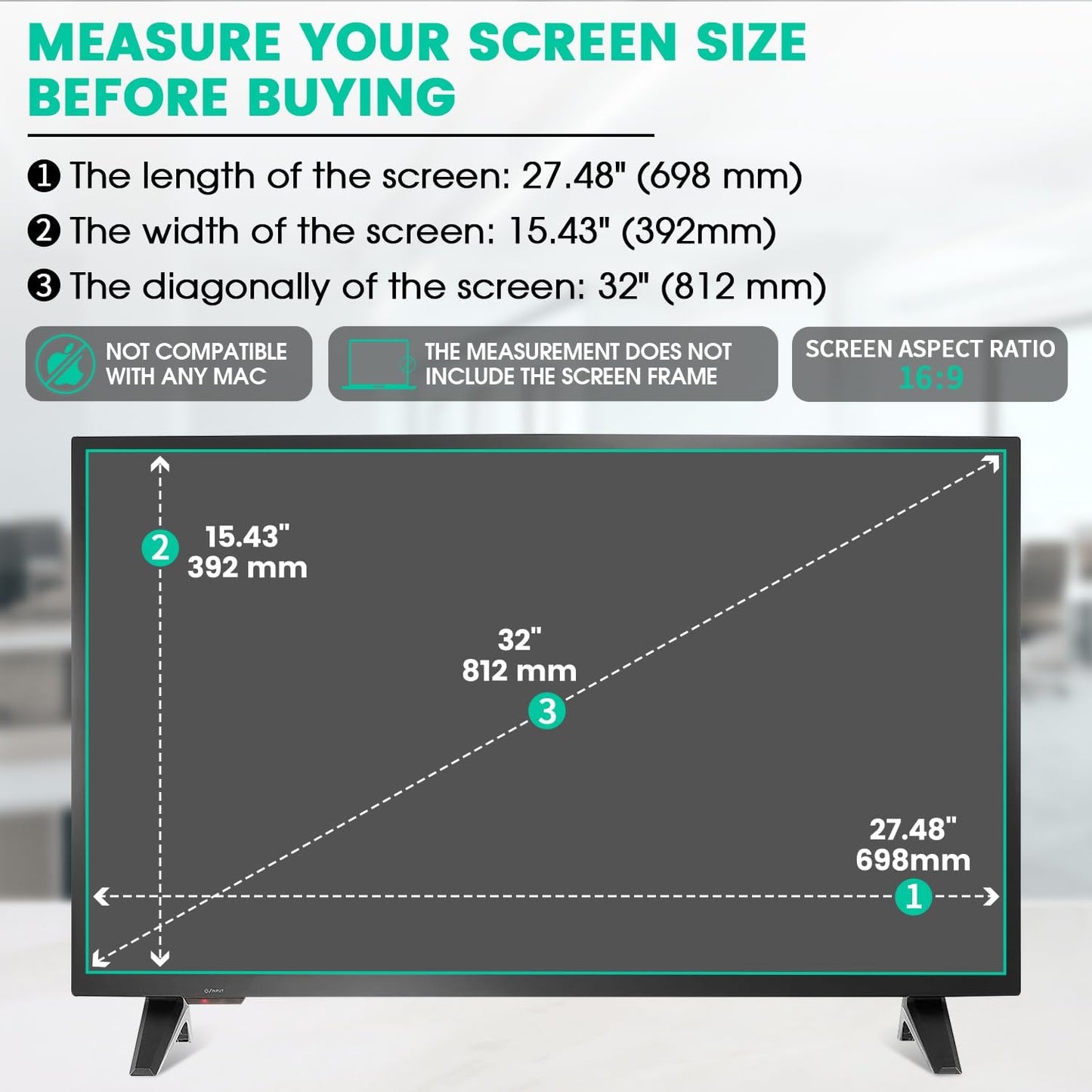 32 Inch 16:9 32" 4K F FORITO Anti Blue Light Matte TV Screen Protector, Eye Protection Anti Glare Computer Screen Cover