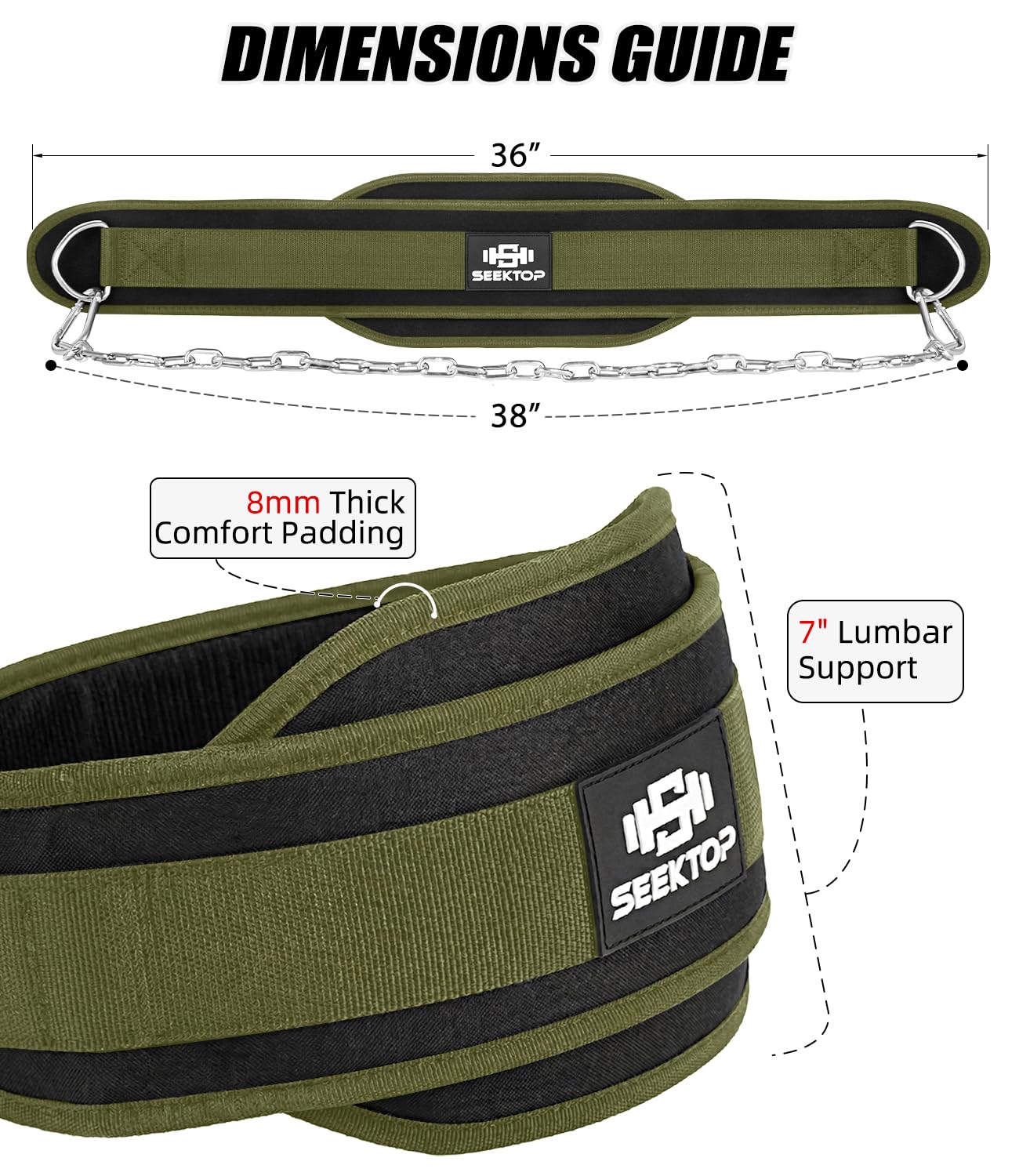Seektop Dip Belt for Weightlifting - GYM Workout Pull Ups Belt with Chain, Neoprene Waist Dip Belt Crossfit for Weight Lifting, Squat, Training, Fitness, Men & Women (Belt & Chain) (Green)