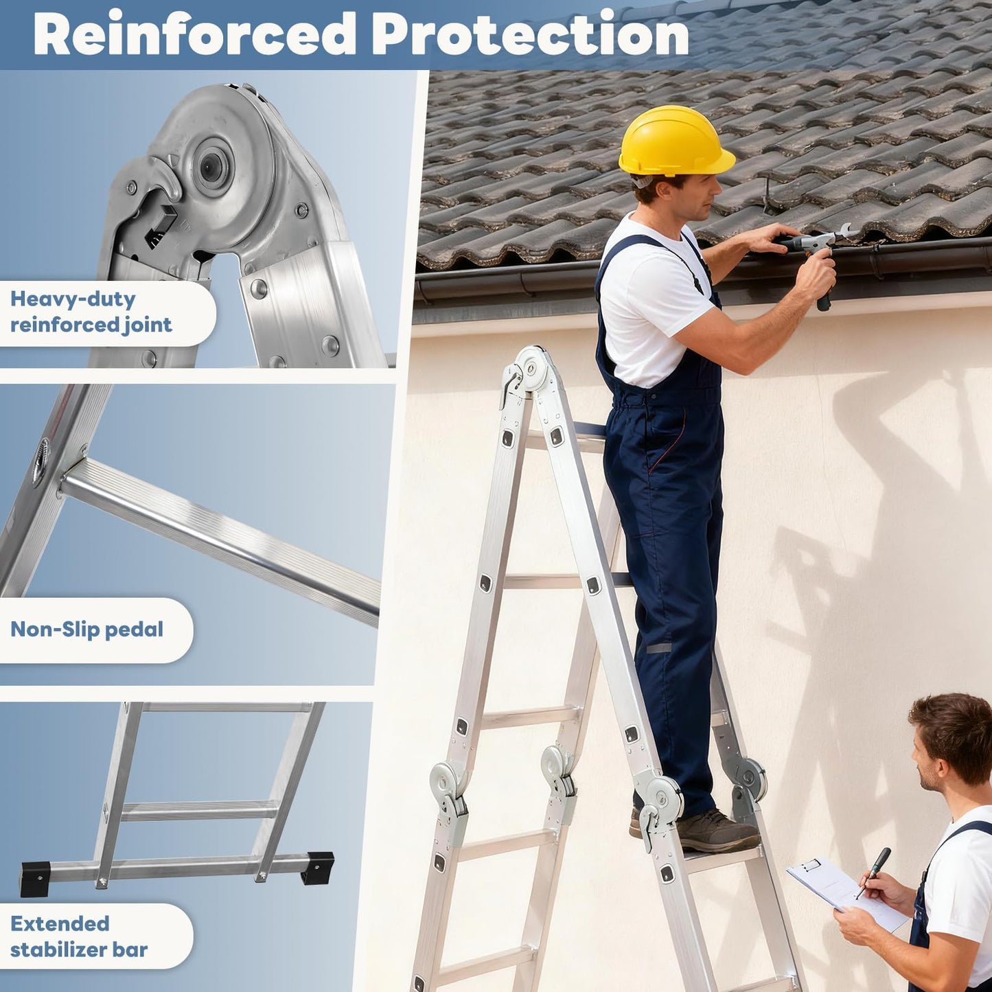 Multi-Purpose Aluminium Folding Ladder, 7-in-1 Heavy-Duty Extension & Step Ladder, Tall Adjustable Collapsible Ladder for Home, Roof, RV & Painting Work