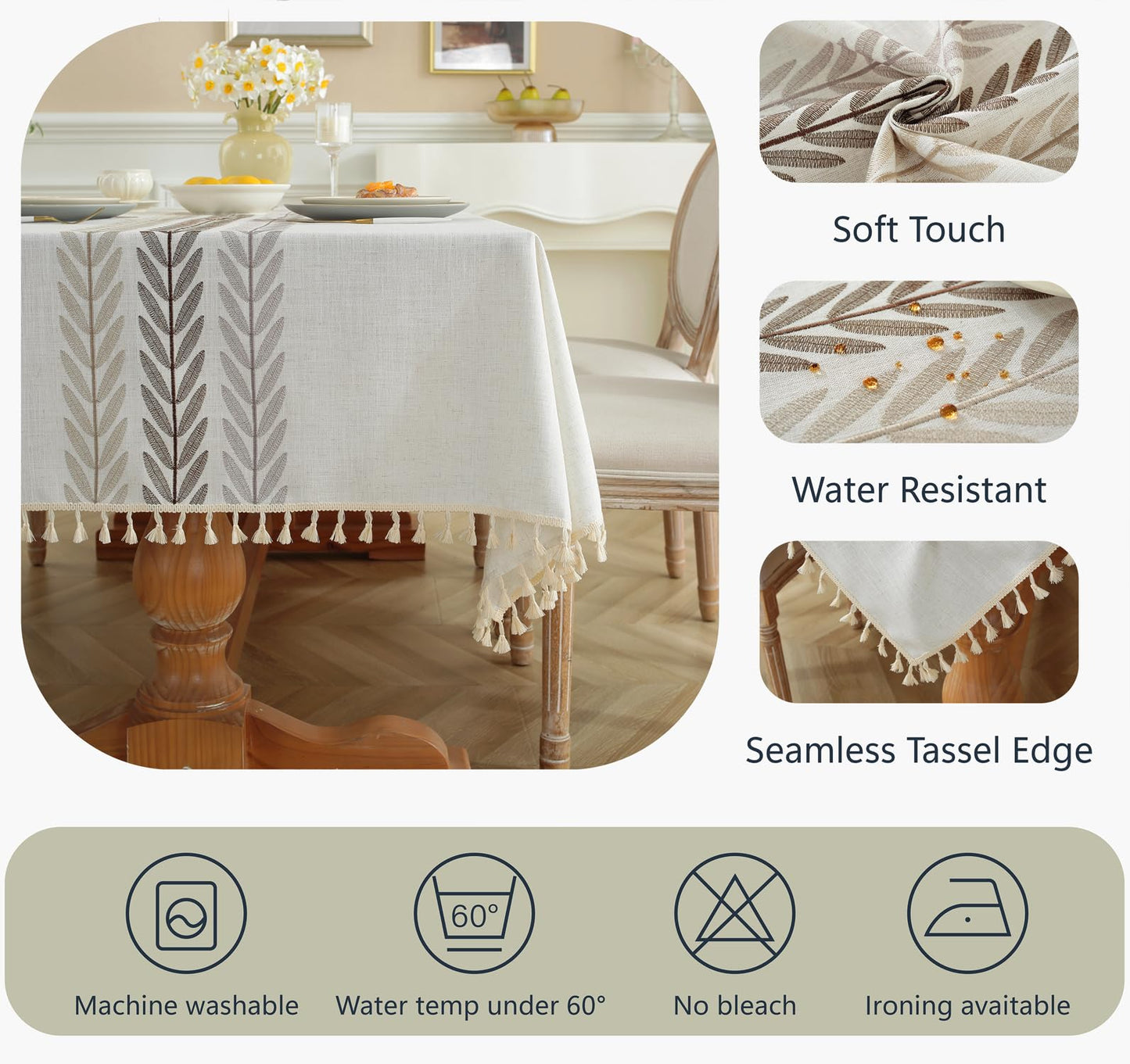 Alsoo Embroidered Tablecloth Square 55 x 55 Inch, Farmhouse Otanical Floral Table Cloth Waterproof Washable Cotton Linen Fabric for Kitchen Dining Festival