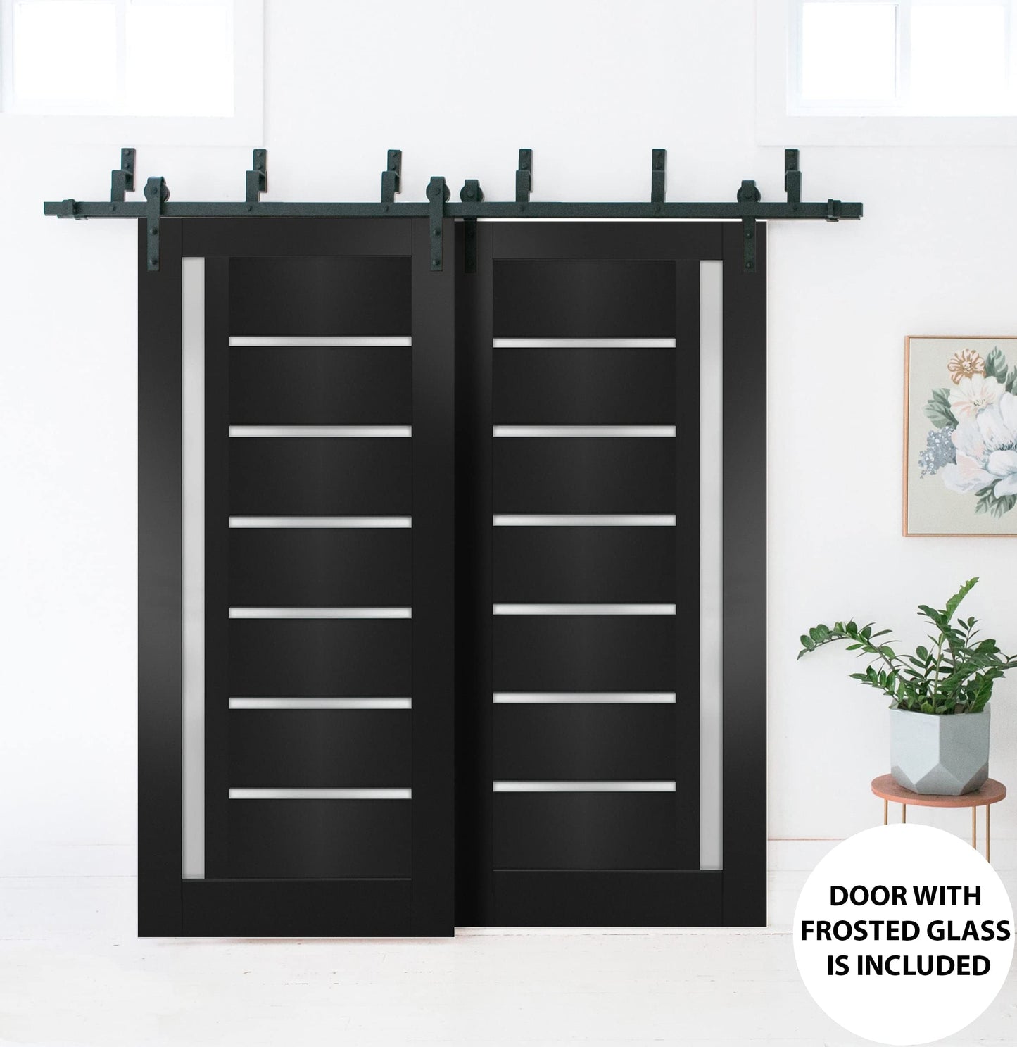SARTODOORS Slab Barn Door Panel 24 x 96 inches | Quadro 4088 Matte Black with Frosted Glass | Sturdy Finished Doors | Pocket Closet Sliding