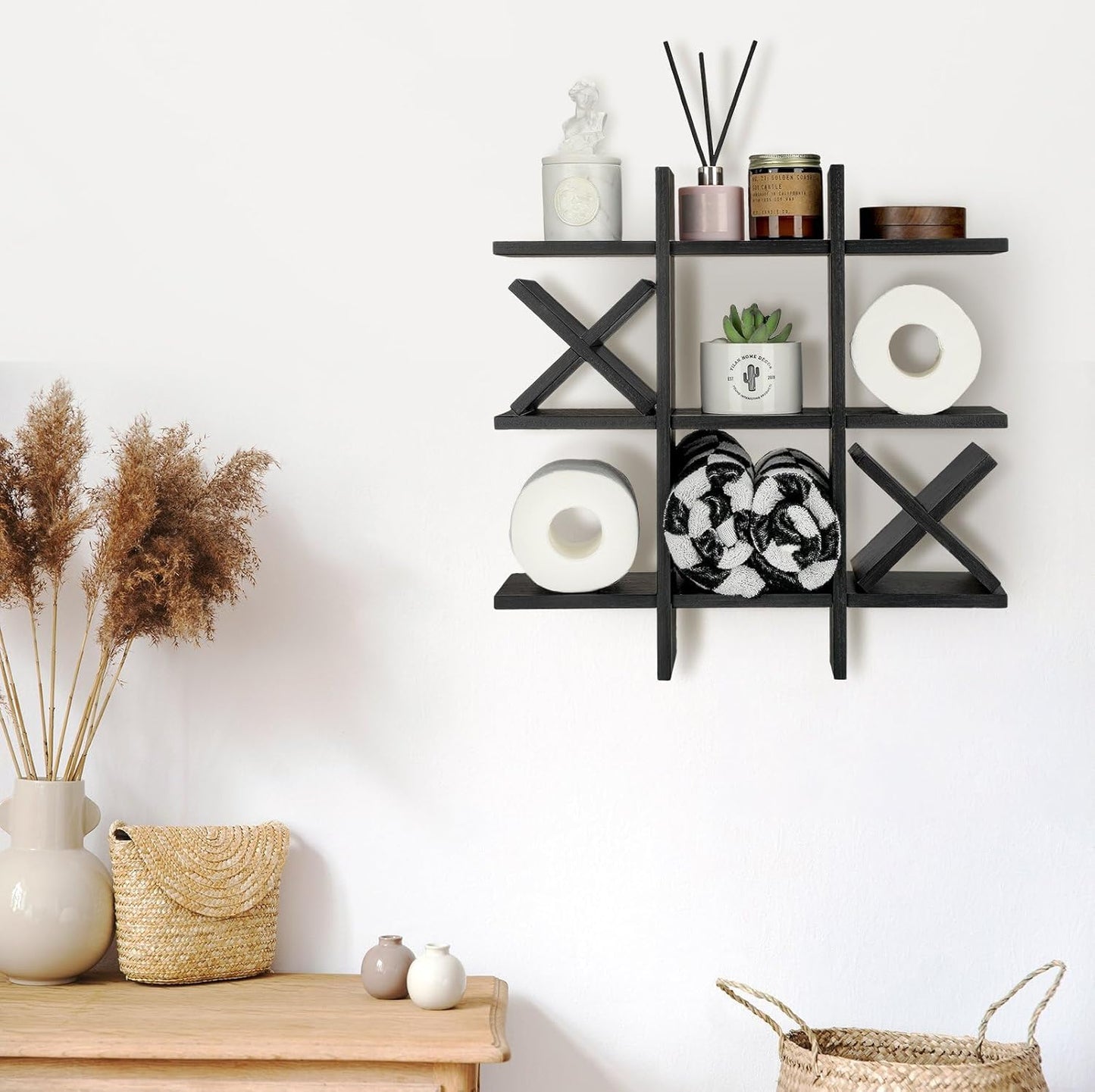 Weysat Rustic Wooden Tic Tac Toe Toilet Paper Holder - Freestanding & Wall Mounted Bathroom Decor