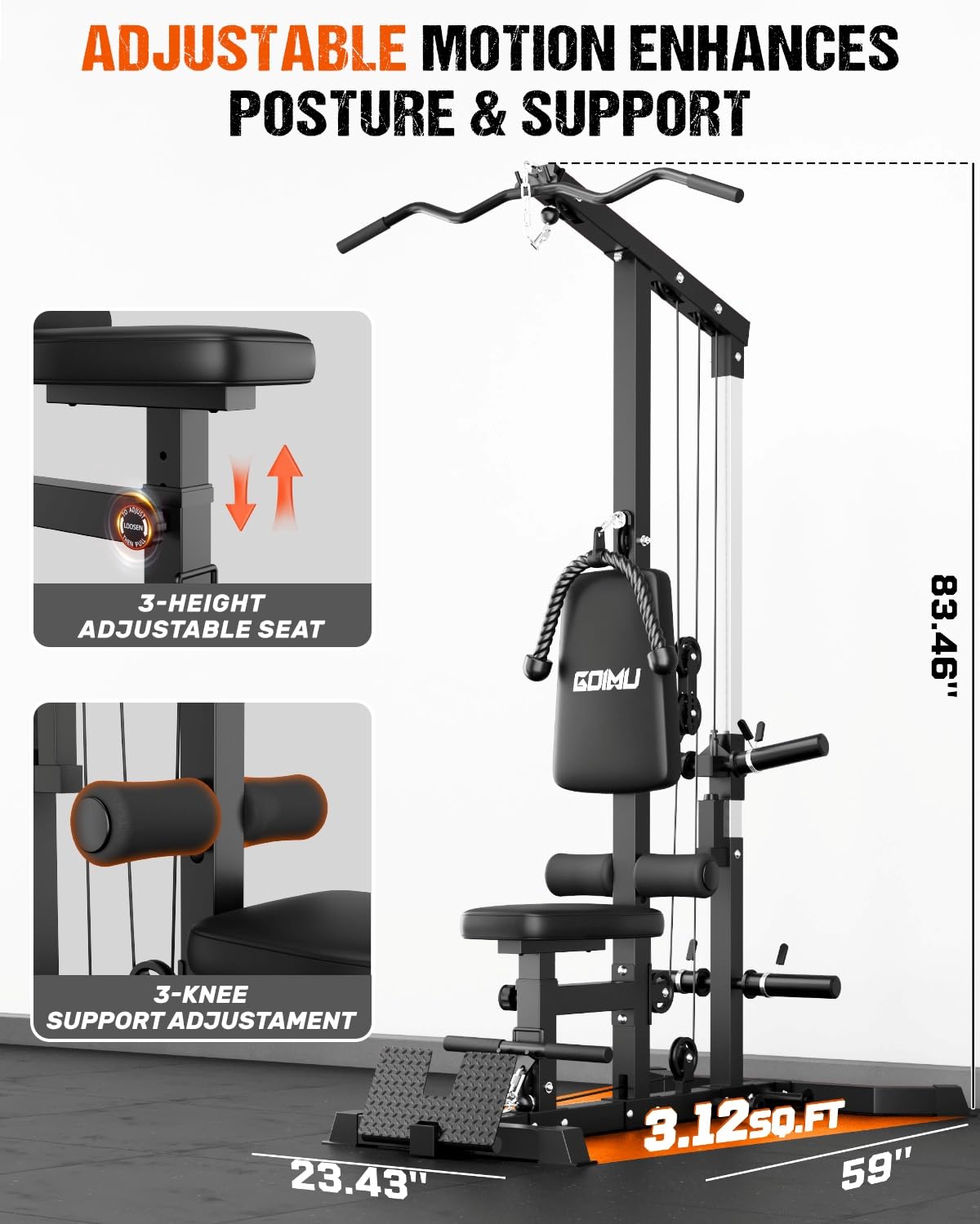 GOIMU LS01 LAT Pulldown Machine, LAT Row Cable Machine with AB Crunch, LAT Tower with Cable Row Attachment, 3 in 1 Pulley Stations for Home Gym(Black with 100lbs)