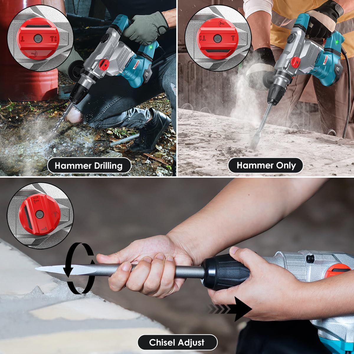 ENEACRO SDS-Max Heavy-Duty Rotary Hammer Drill 9 Ft.lbs, 3 Functions with Safety Clutch & Vibration Control 1-9/16" Drilling Capacity in Concrete– Includes Chisel, Drill Bit, and Tool Bag