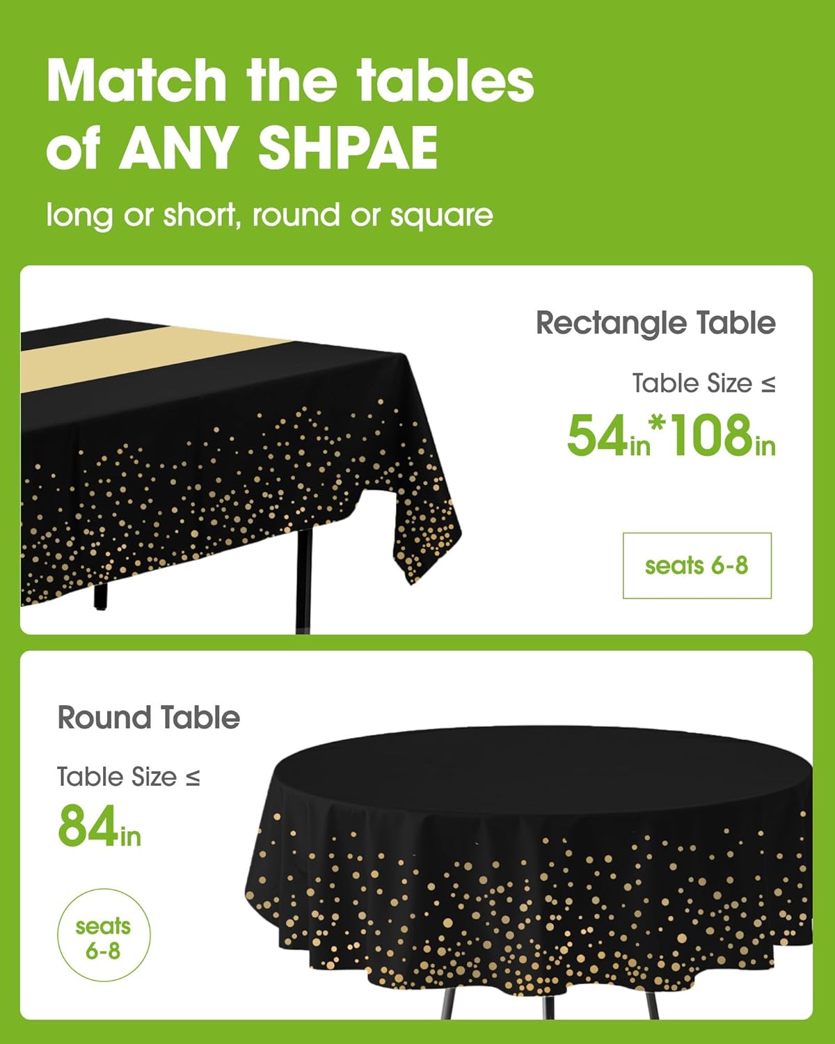 Pureegg Disposable Plastic Tablecloths - 8 Pack, 54 x 108 Inch, Leakproof & Sturdy, Black Gold for Graduation Parties