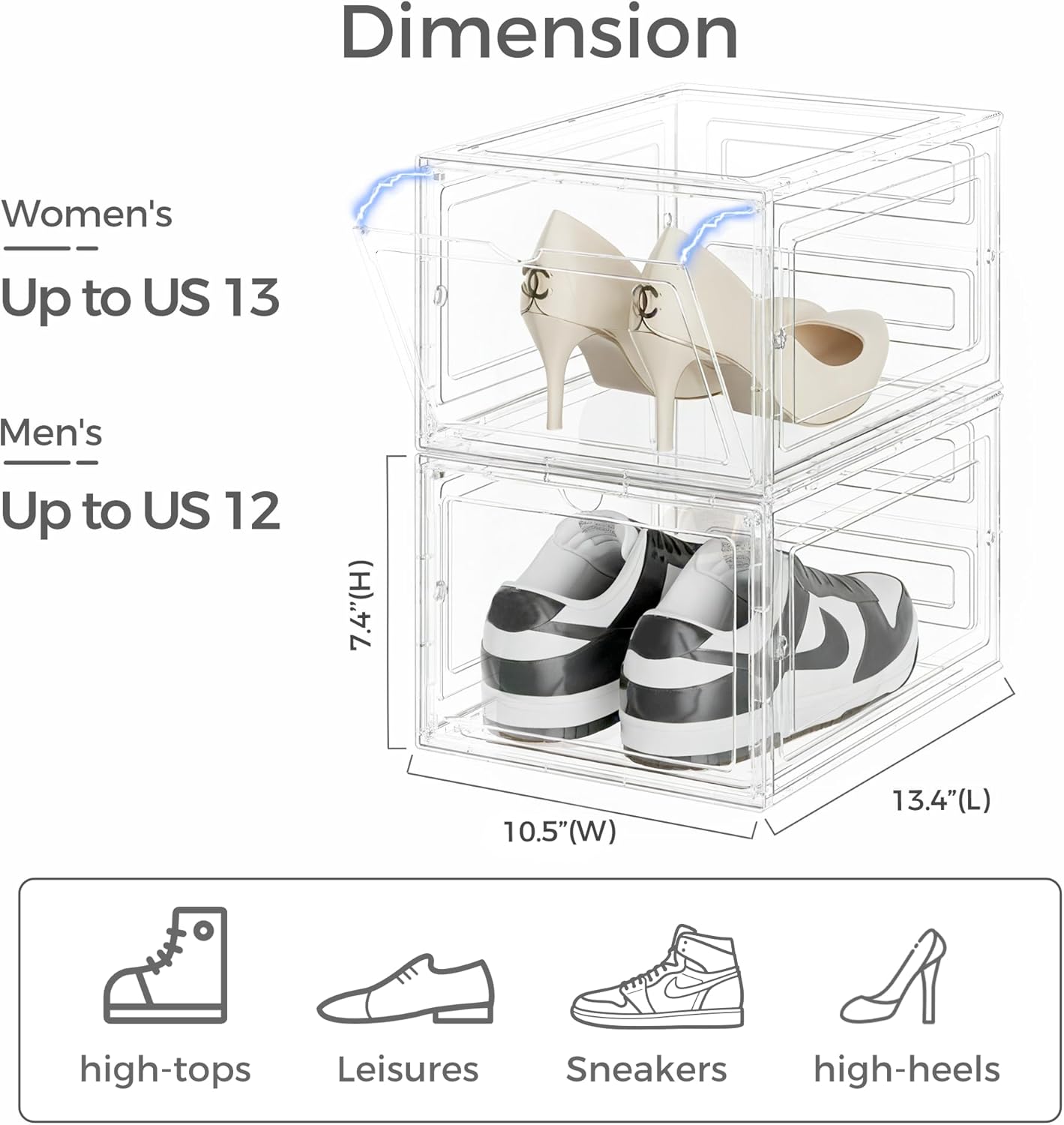 Pinkpum X-Large Hard Shoe Storage Box - 12 Pack Clear Plastic Stackable Organizer with Magnetic Door