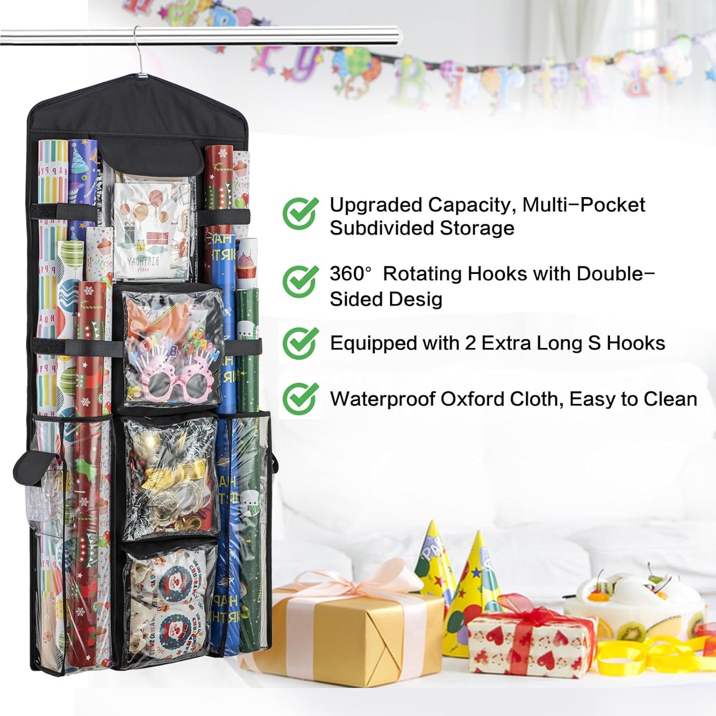 Regine Switzerland Christmas Wrapping Paper Organizer - Double-Sided Gift Bag Storage, Black