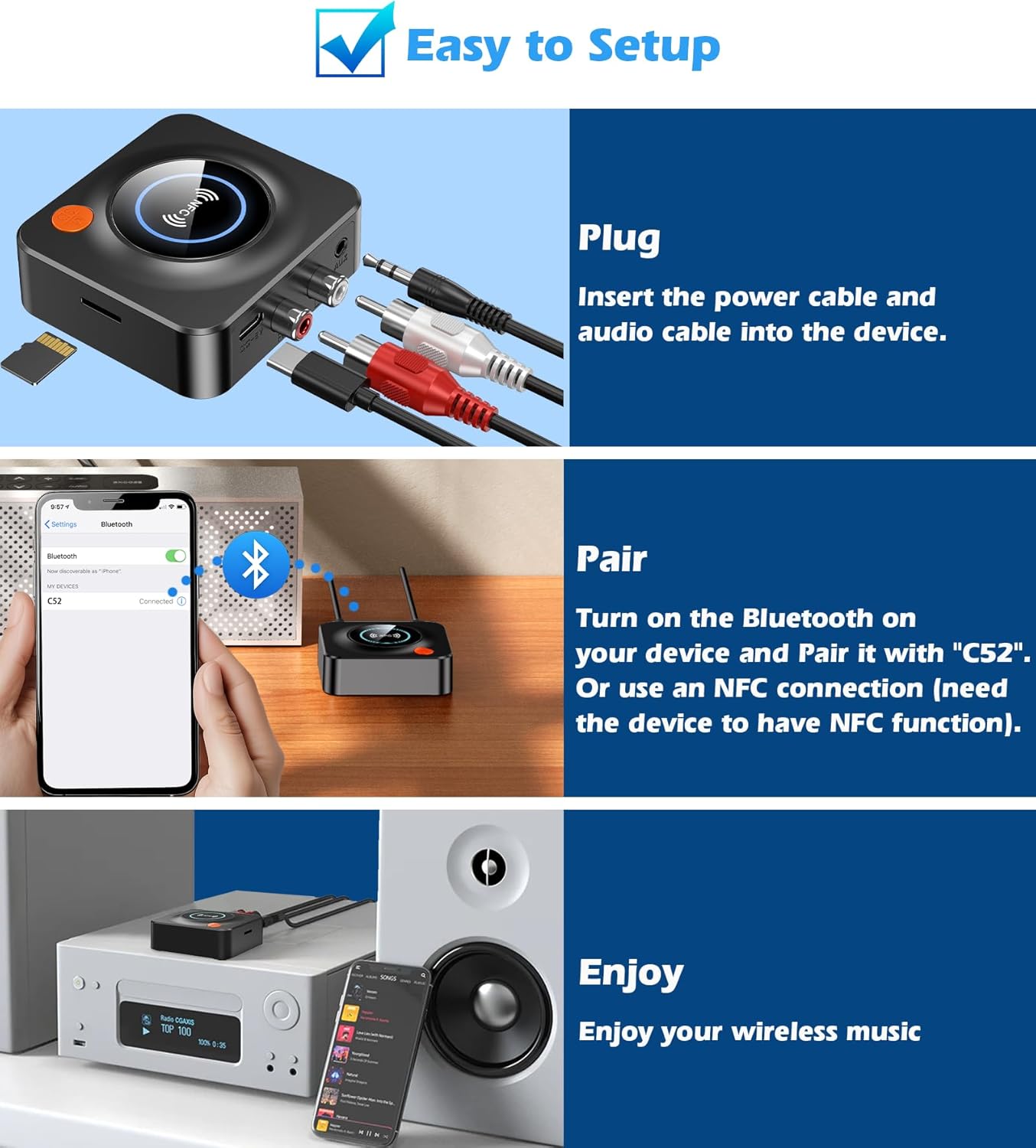 KAIY Bluetooth Receiver for Home Stereo, AUX RCA to Bluetooth Adapter for Old Speakers, NFC Wireless Audio Receiver