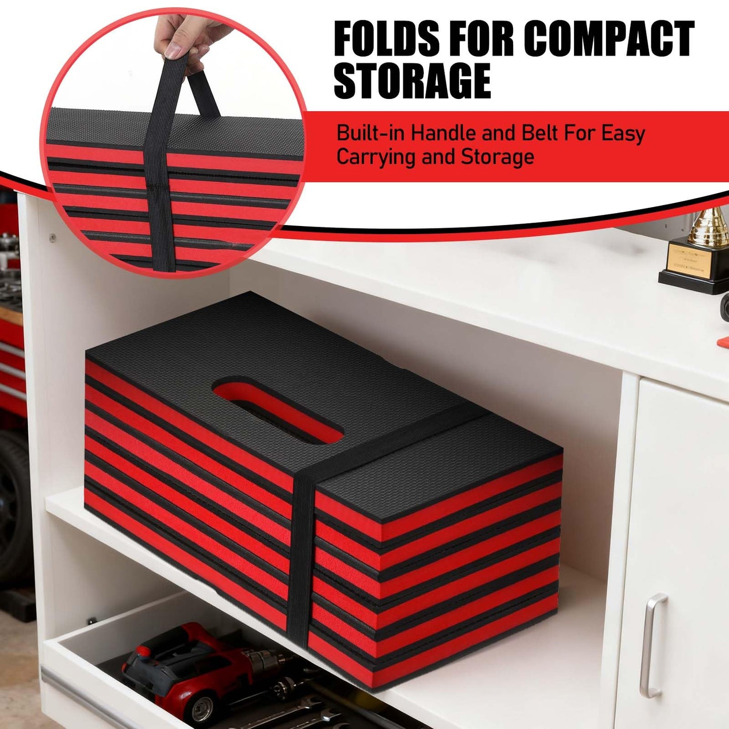 SHENLIU Foldable EVA Utility Mat with Handle, Heavy Duty Mechanic Mat for Kneeling, Workouts, Garages, Gardening, Camping, Picnics, Outdoor Adventures and Home Gyms, Red (46" x 15.8" x 1.1")
