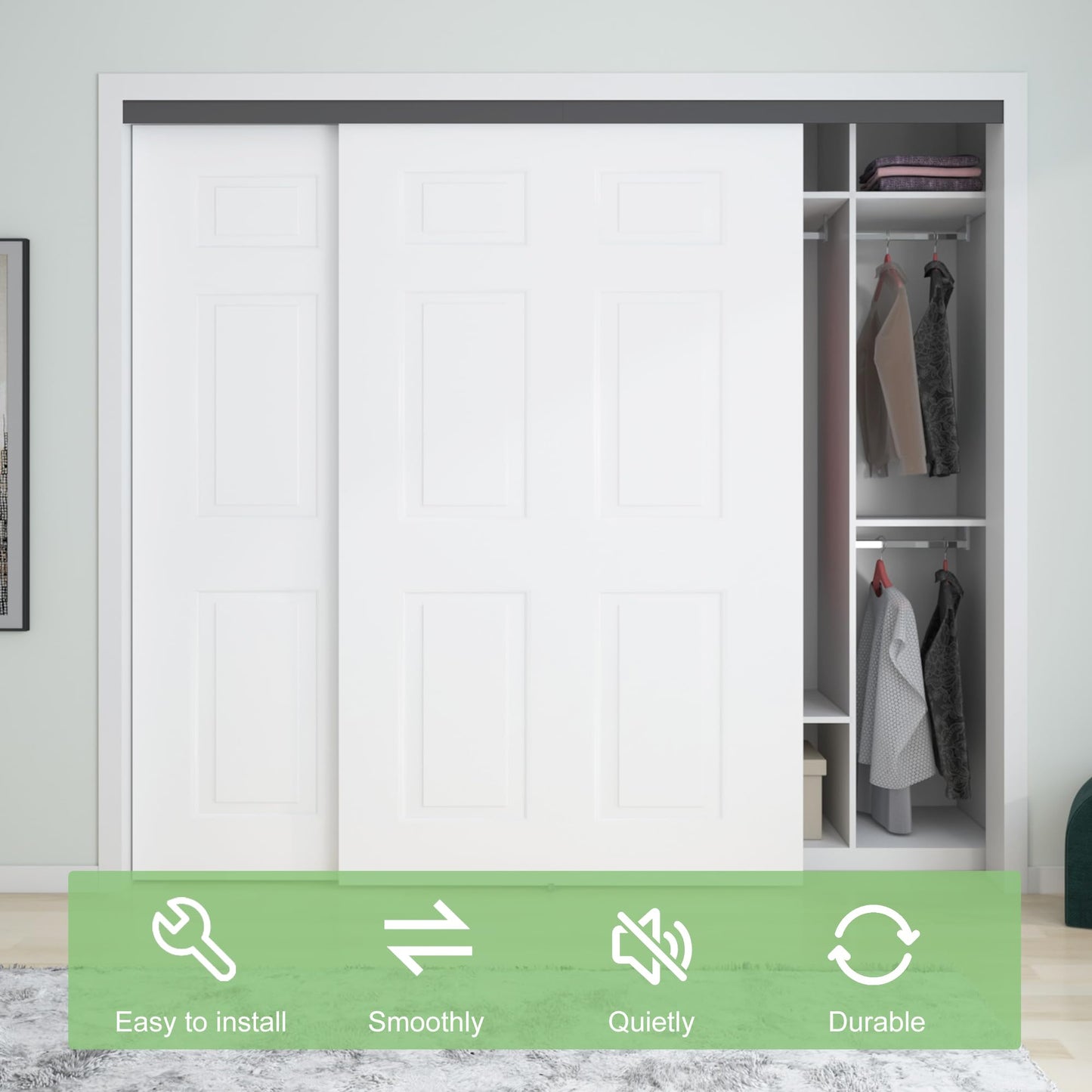 BarnBase 8FT/96(Double 4FT) Bypass Door Hardware, Aluminum Double-Closing Sliding Closet Door Hardware with Finger Pull Included, Smoothly and Quietly, Fit Door Thickness 1 3/8" or 1 3/4", Black