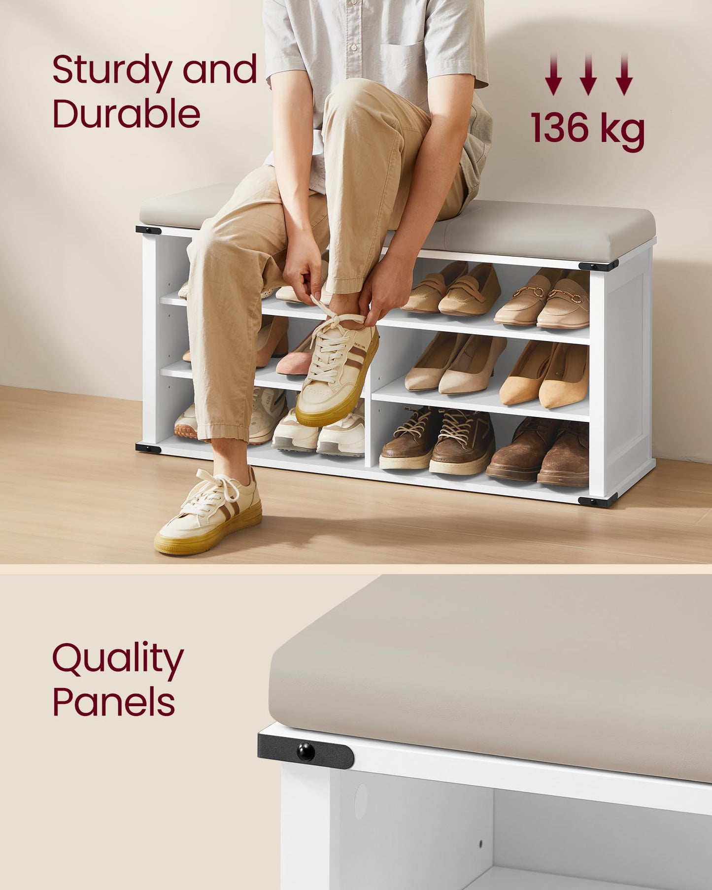 VASAGLE Shoe Storage Bench with Removable Cushion, Shoe Rack with Padded Seat, Entryway Bench with 6 Open Compartmens, Adjustable Shelves, for Hallway, Bedroom, Cloud White ULSB105W01