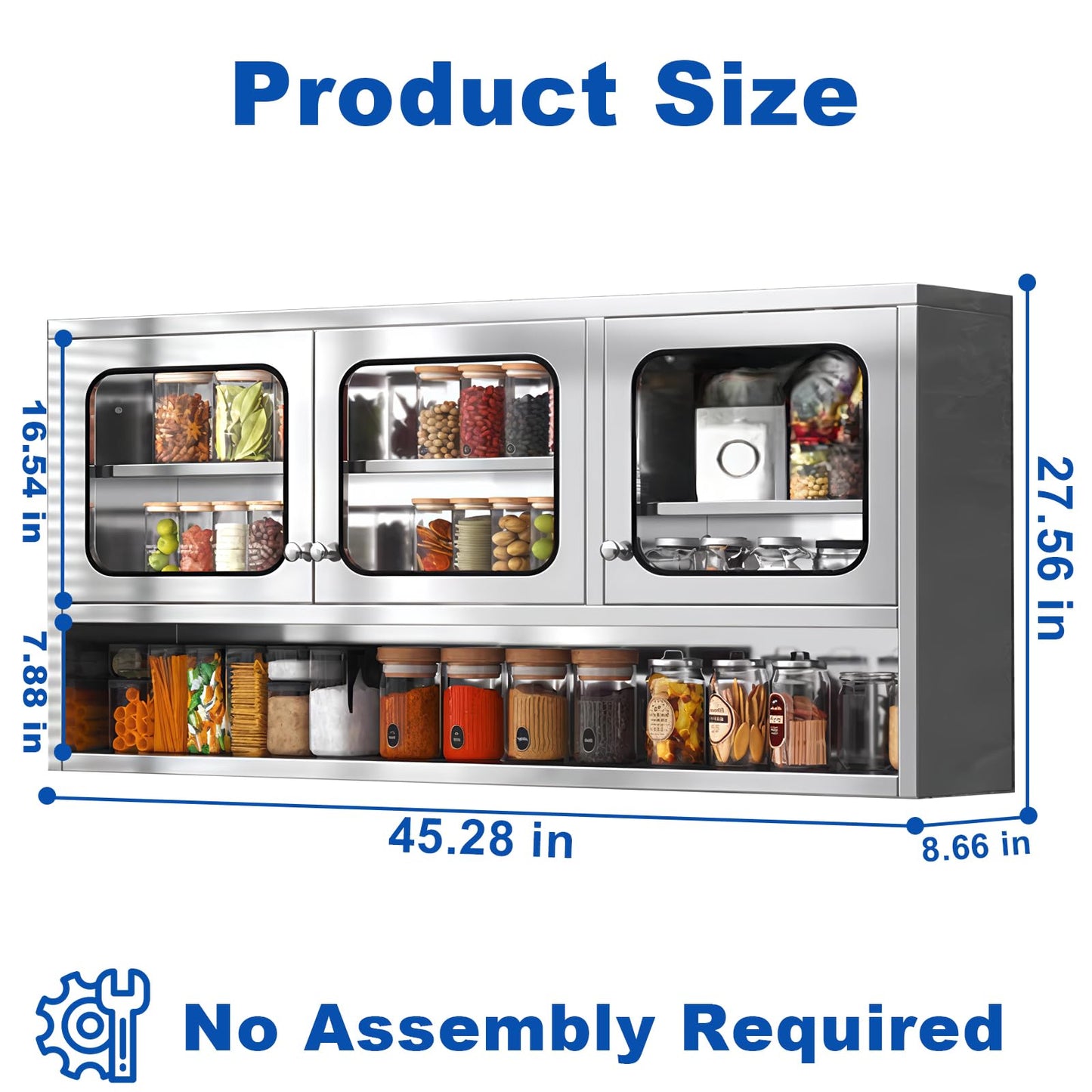 ZZV Kitchen Wall Cabinet, Stainless Steel Wall Mounted Cabinet with Adjustable Shelves, Industrial Wall Storage Cabinet for Garage, Warehouse, Commercial Kitchen, 8.66D x 45W x 27.56H in
