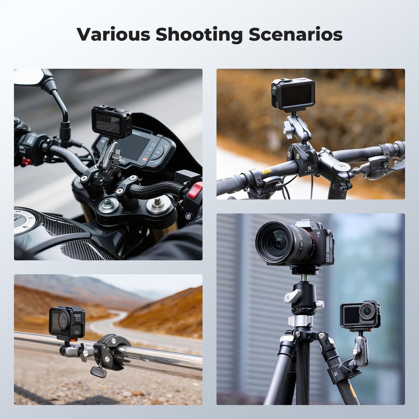 K&F CONCEPT 360 5 Pro/4/3 Super Clamp Camera Mount with Dual Ball Head, Bike/Motorcycle Handlebar Tube Mount Quick