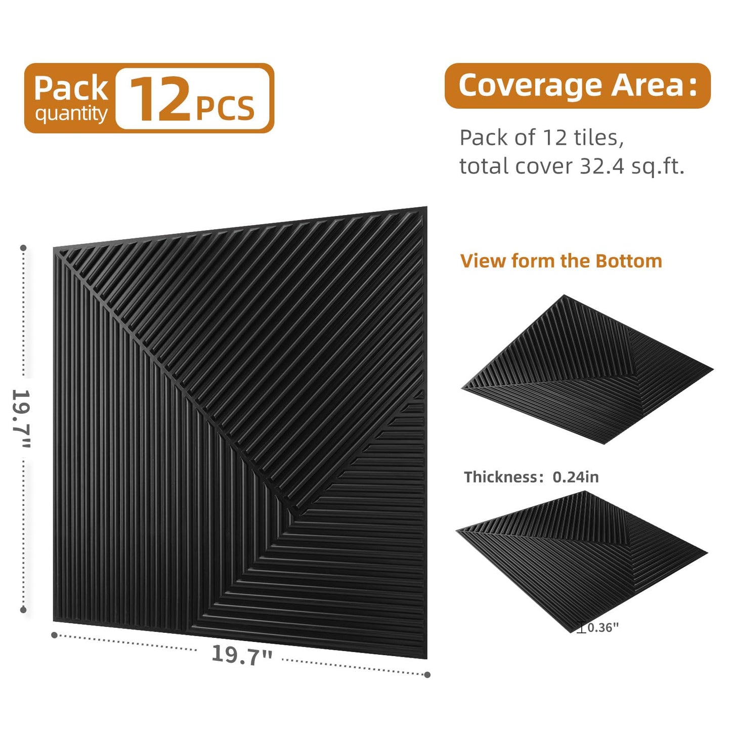 WOWSTAR 12-Pack 3D Wall Panels 19.7" x 19.7", Black Slat Wall Panels for Living Room Wall Decor, Modern Black Wall Covering for Home & Office