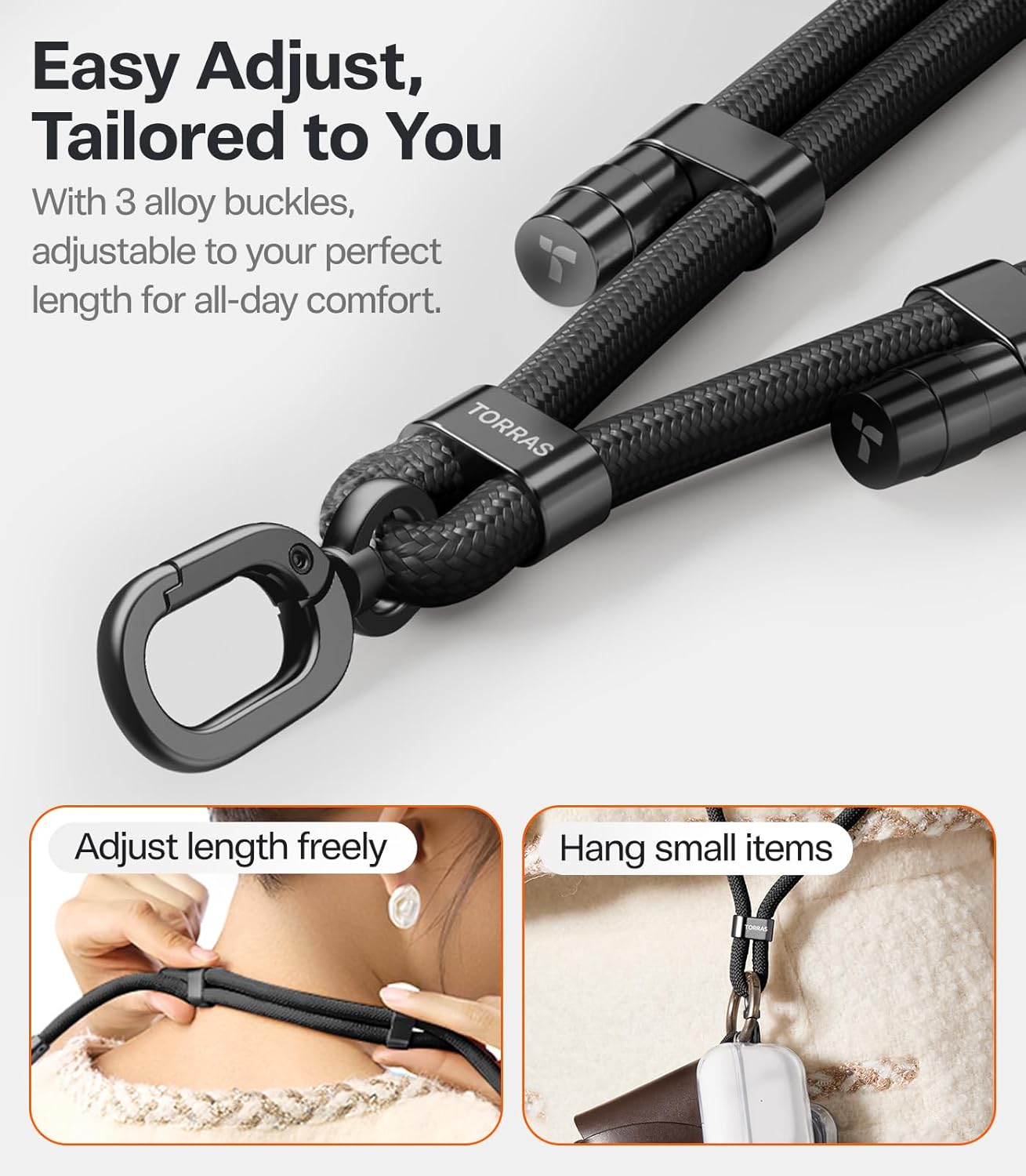 2 TORRAS Phone Lanyard Crossbody with Phone Tabs, Adjustable Anti Theft Phone Strap for All Phones, Premium Metal