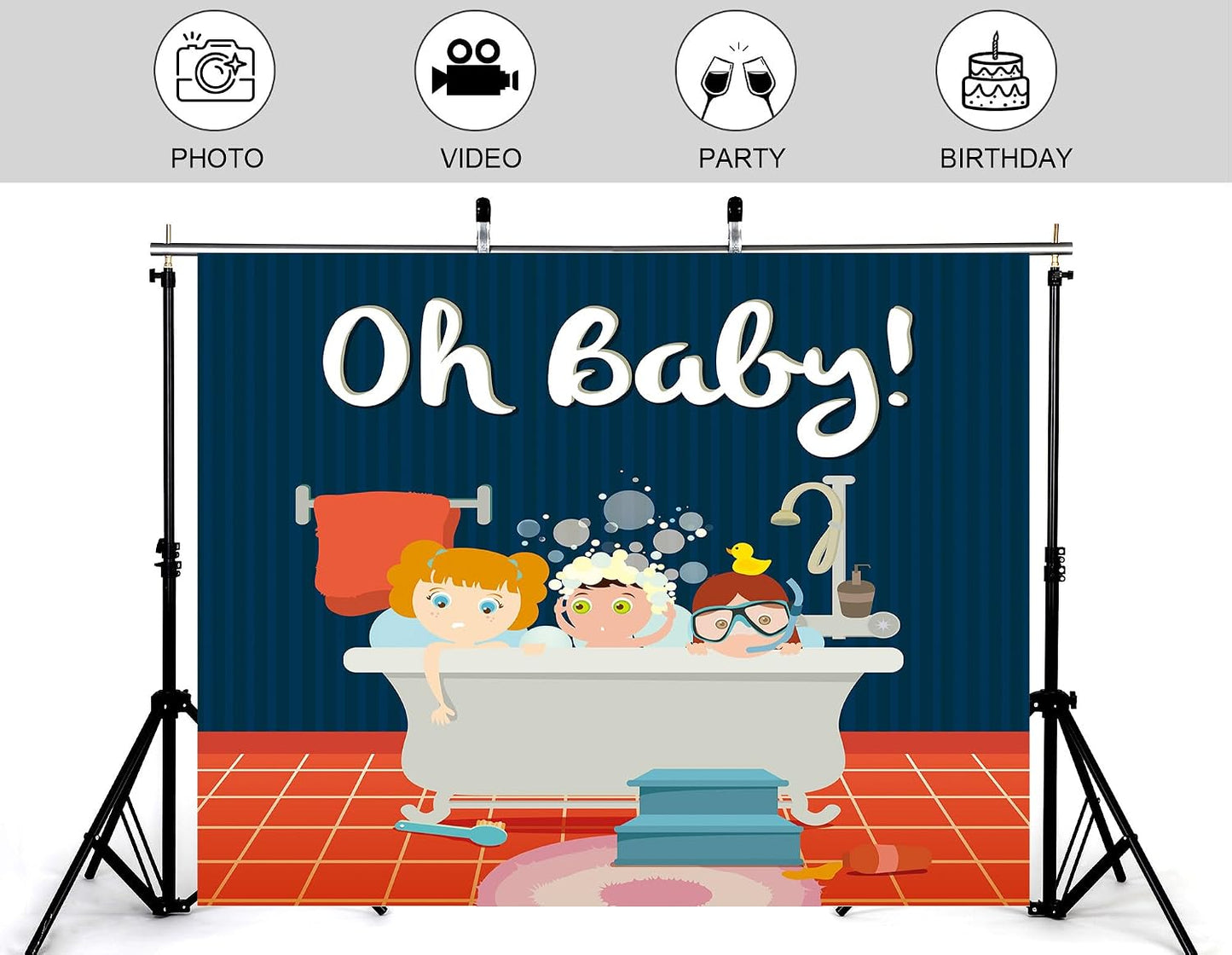 KeyWork 10x7ft Oh Baby Bathroom Theme Photography Backdrop Kids in Bathtub Design with Blue and Orange Background