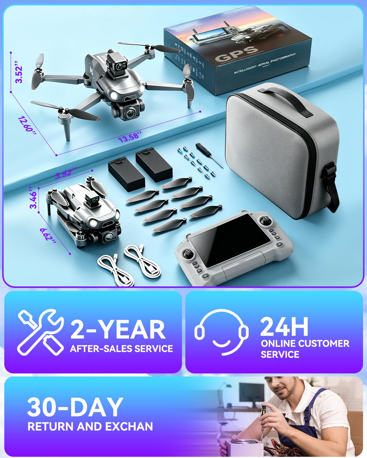 3.0 Upgraded GPS Drone for Adults -【5 Inch Full Touchscreen Controller】【 6K EIS Ultra Clear Camera】60-Min Long Flight Time with 2 Batteries, 10KM Video Transmission, Smart Auto Return, Under 249g