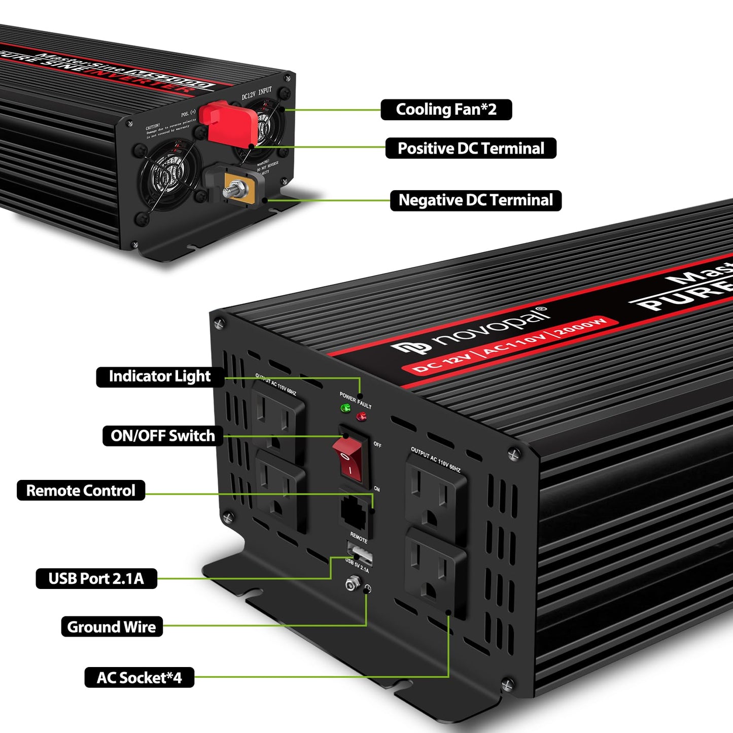 NOVOPAL 2000W Pure Sine Wave Power Inverter 2000 Watt 12V DC to 110V 120V AC,4 AC Outlets, 1 x USB Ports for Off-Grid Solar Car RV Truck Boat with 16FT Wired Remote