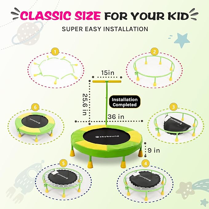 SkyBound 36 Inch Indoor Trampoline for Kids - Kids Trampoline Indoor with Handle - Toddler Trampoline with Upgraded 2.0mm Steel Pipe and Handlebar - Mini Indoor Trampoline for Kids Age 3 and Above