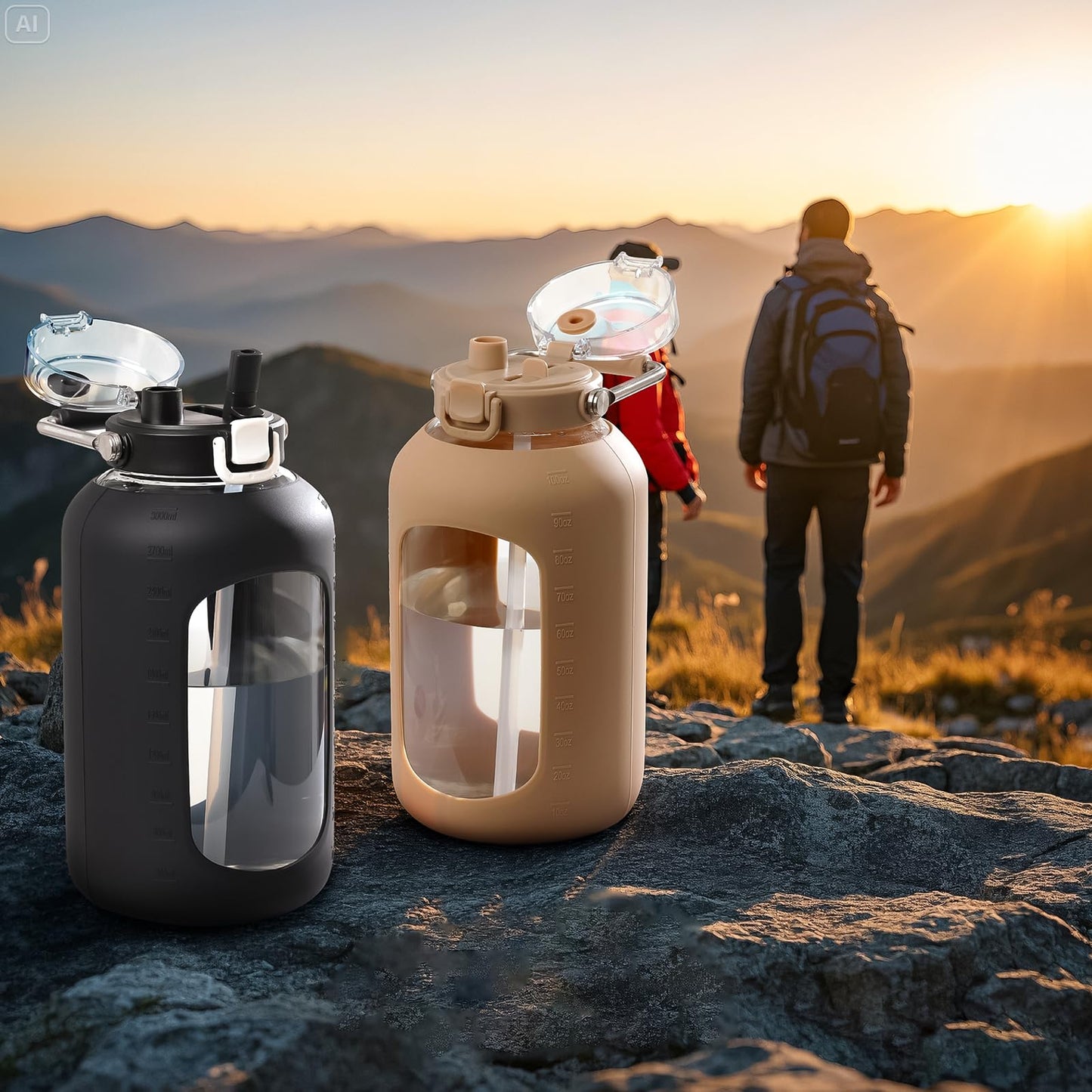 WINSA Large Glass Water Bottles with Stainless Steel Handle,100 oz Gallon Drinking Bottle with 2-in-1 Straw Lid,3 Liter Glass Water Jug with Silicone Sleeve,Wide Mouth,Amber