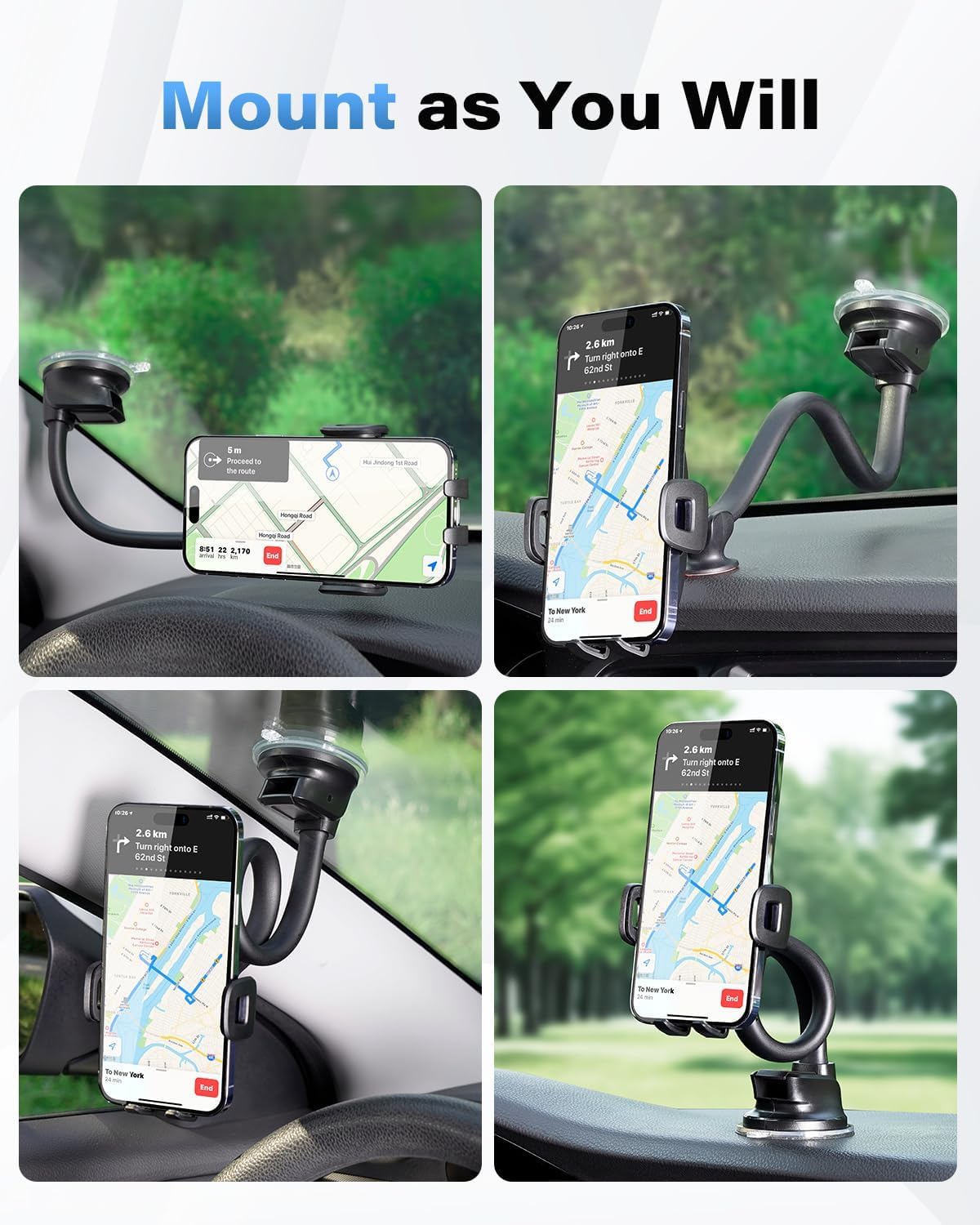 1Zero 14-Inch Solid Car Truck Phone Mount Holder with Gooseneck Long Arm, Windshield Window Mobile Holders