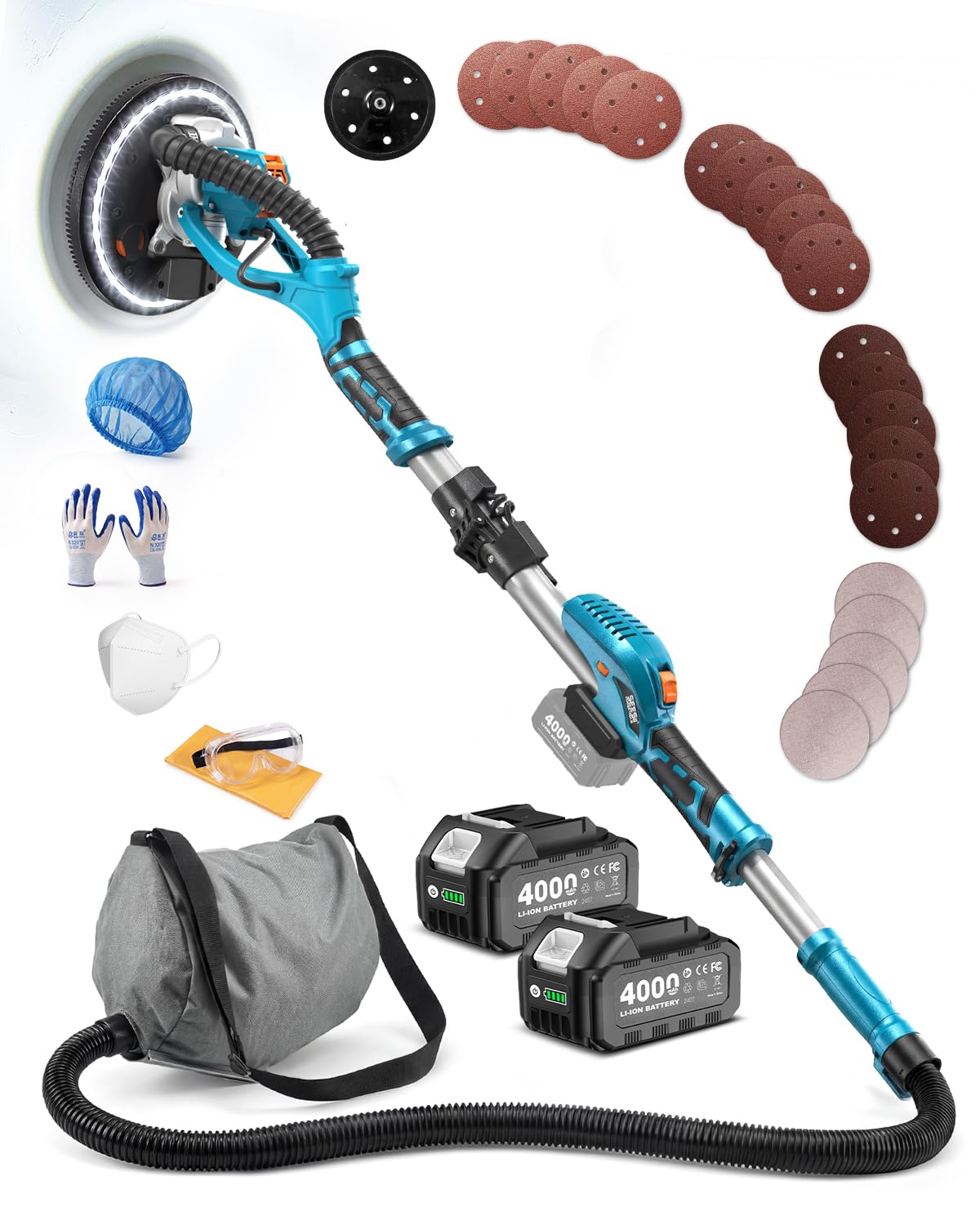 SEESII Cordless Drywall Sander with Vacuum,900W 1900RPM 2x4.0Ah Battery,Popcorn Ceiling Remover Tool,Brushless Low Noise Variable Speed,Wall Sander for Painting Prep,Foldable Telescopic,LED,12 Discs