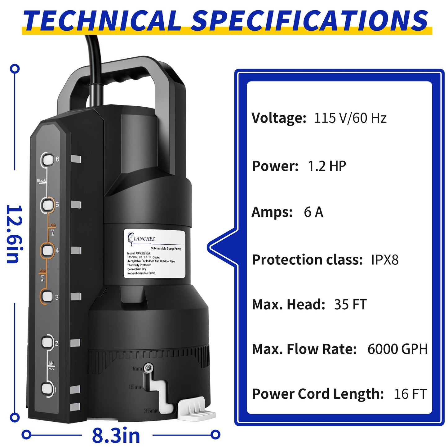 LANCHEZ 1.2HP 6000GPH Automatic Sump Pump with 6 Modes, Clean/Dirty Submersible Water Pump, Thermoplastic Water Removal Transfer Pump with 16FT Cord for Pools Basement Garden Pond, Black