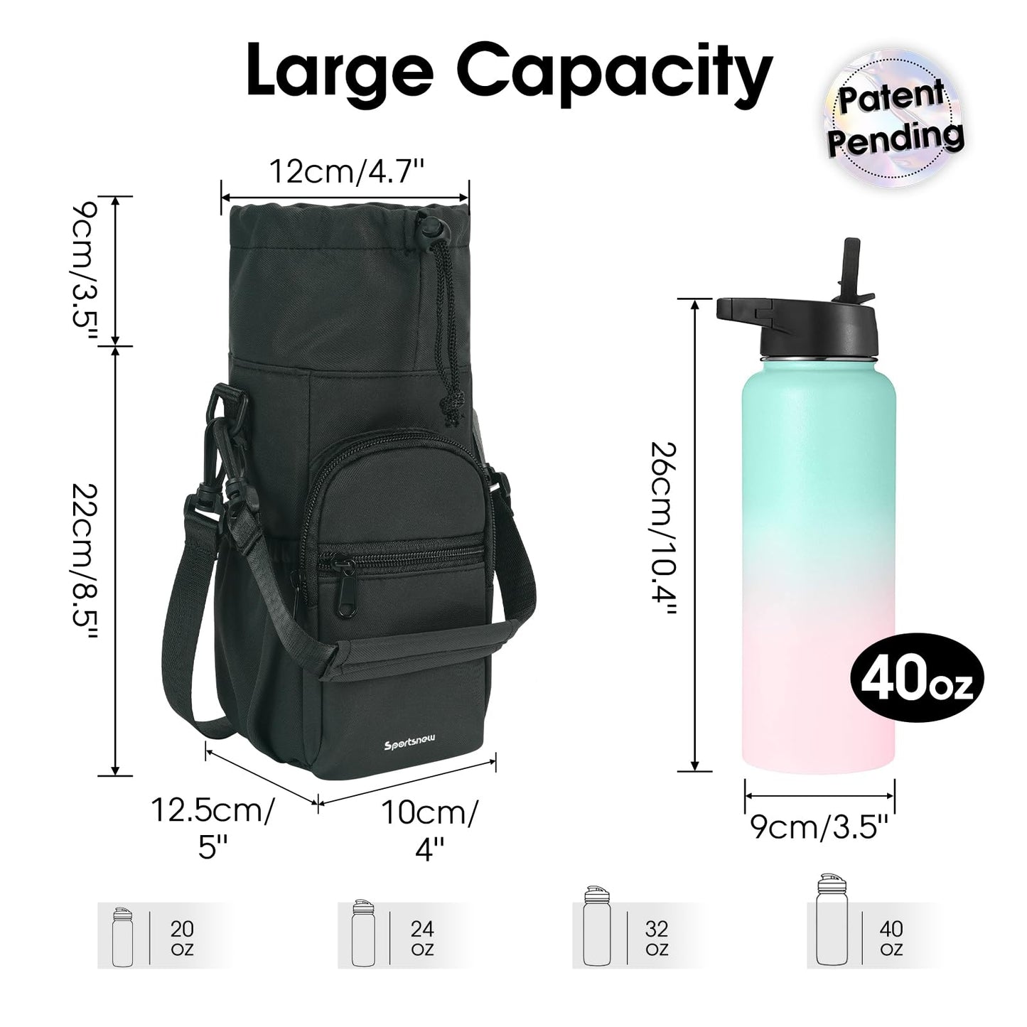 sportsnew Water Bottle Holder with Strap 32oz 40oz Crossbody Insulated Cup Sleeve Water Bottle Carrier Sling Bag with Phone Pocket Pouch for Walking Hiking Travelling, Black