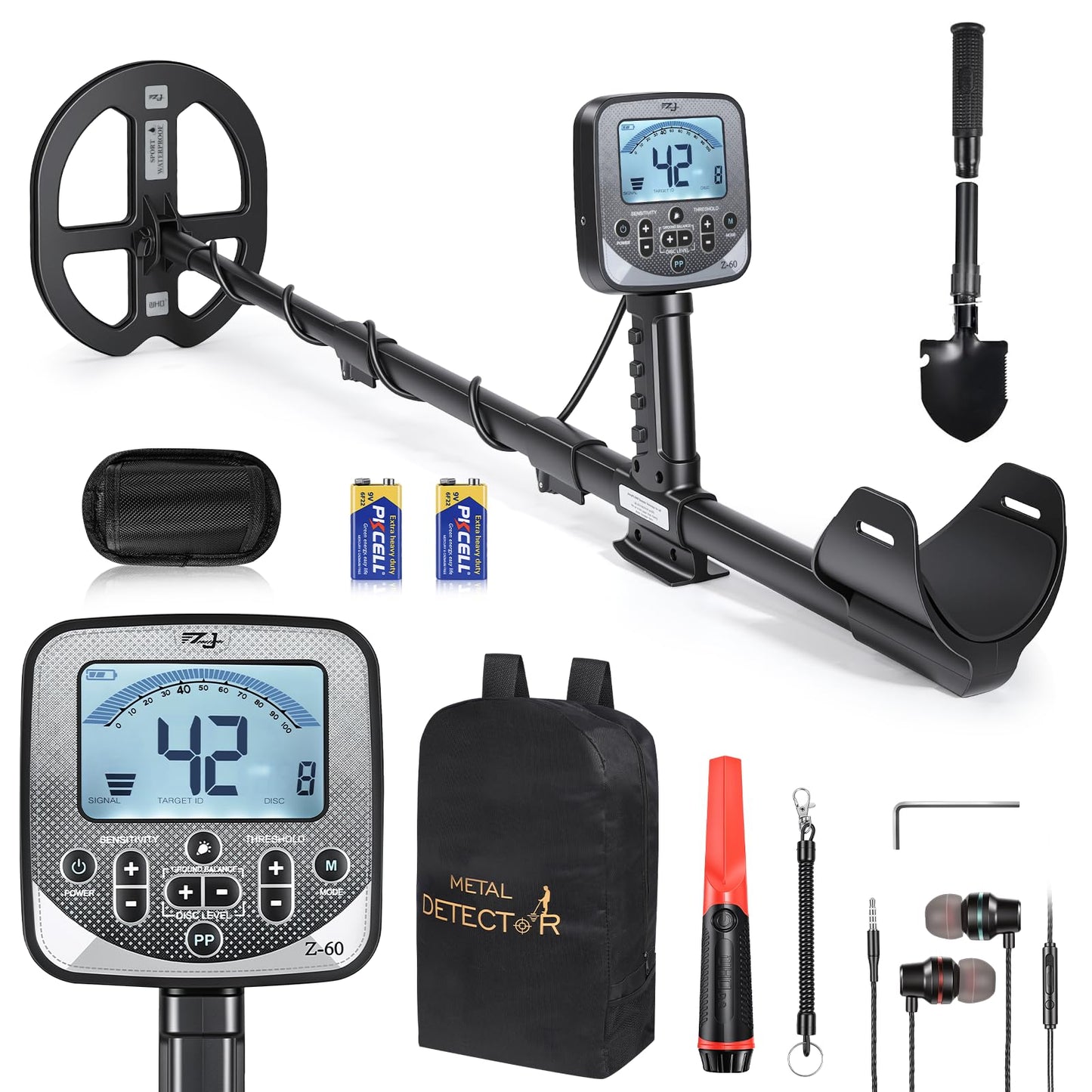 WenMia Metal Detector for Adults Waterproof DD Coil Up to 16 Inch Depth with 5 Detection Modes and Pinpoint for Coins Jewelry Beach and River