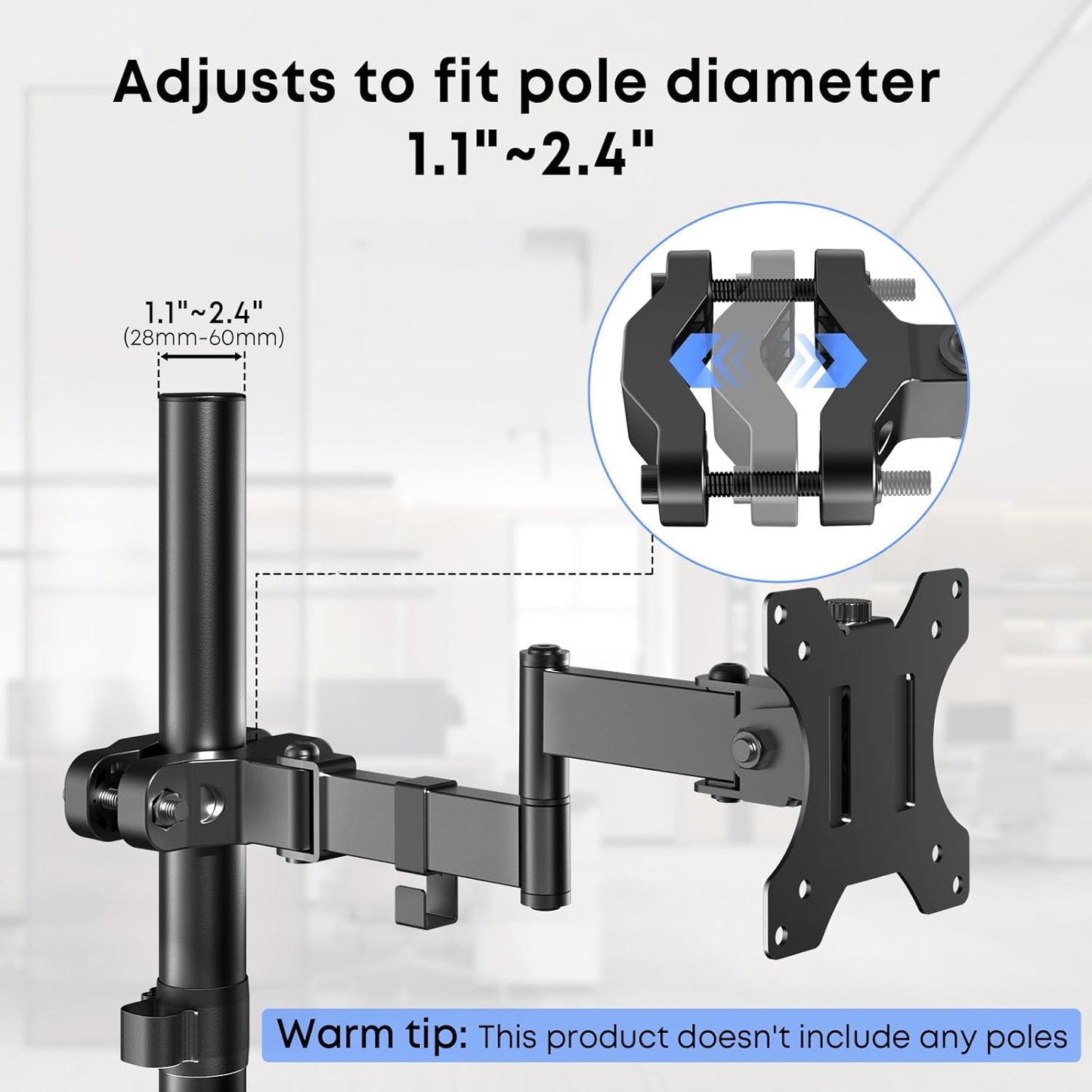 WORLDLIFT 17"-32" 17.6 lbs 75x75 100x100 Pole Mount Monitor Arm Easy Clamp-on VESA Mount for Screens Supports up