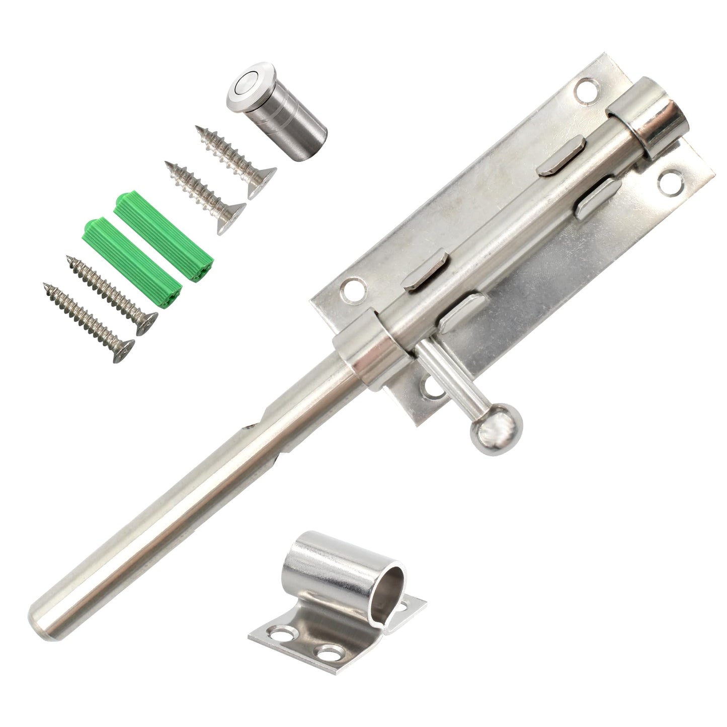 AUXBC 7.9 Inch Sliding Bolt Gate Latch, Stainless Steel Slide Barrel Bolt Latch, Heavy Duty Security Bolt Door Lock Slide Latch for Home Garden Warehouse Garage Door, Silver