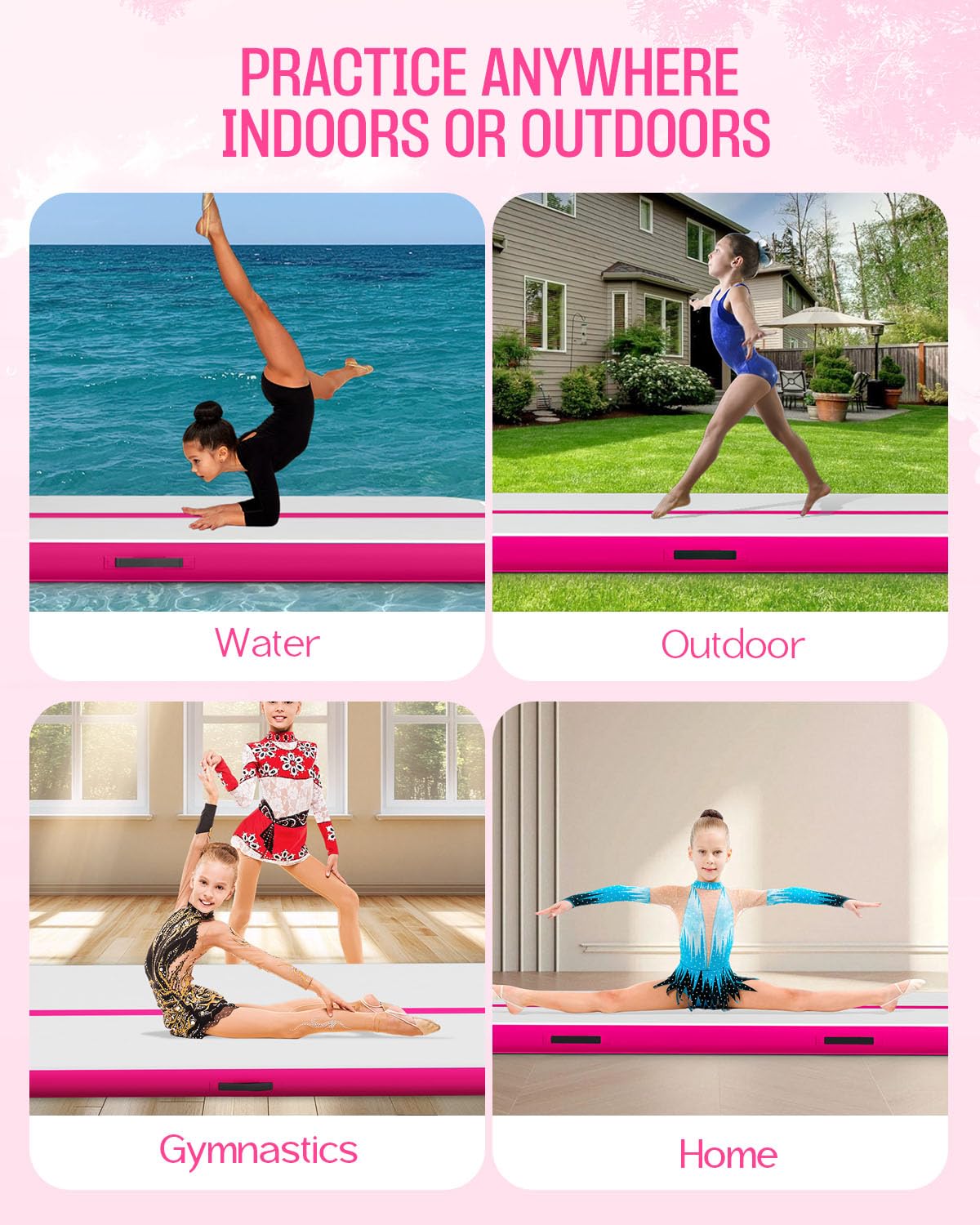 SWRORDAWN Inflatable Gymnastics Mat 13ft, 4 inches Thickness Gymnastic Mats with Electric Pump and Carry Bag for Kids Home Use Outdoor Training Yoga Cheerleading Gym Studio Backyard Park, Pink