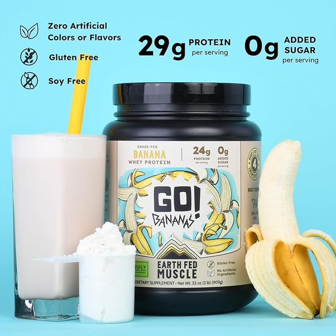 Earth Fed Muscle Go!?¯Bananas Irish Grass?‘Fed Whey Protein Isolate ??All Natural Banana Flavor, Zero Added Sugar, Soy?‘Free, Gluten?‘Free (2lb, 27 Servings, Banana)