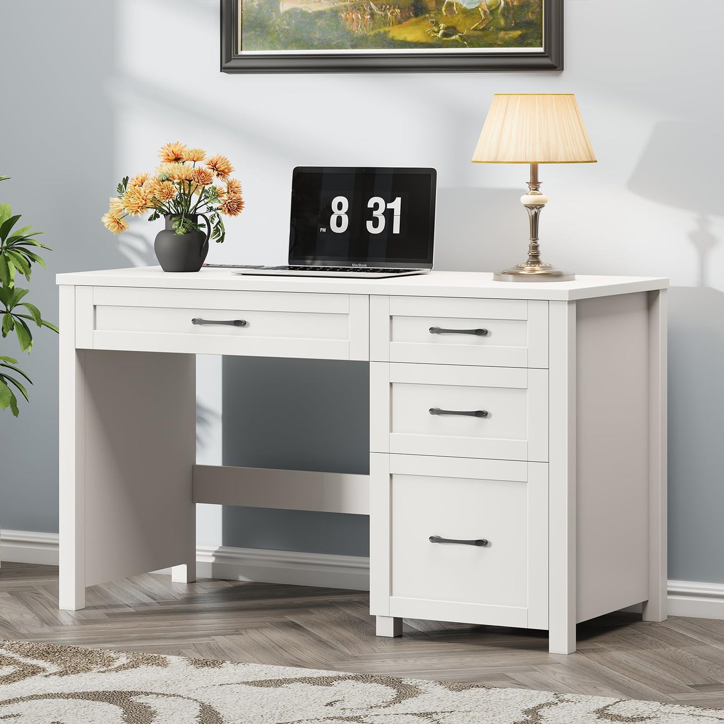 Halitaa Farmhouse 47" Executive Desk, Computer Desk with File Drawer and Charging Station, Workstation for Home Office, Study(Cream White)