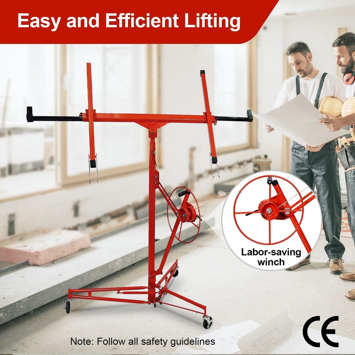 ELOMBR 16FT Drywall Lift Sheetrock Lift, 150LBS Capacity, Drywall Lift Panel Hoist with Telescopic Arm, Drywall Jack Lift with 3 Lockable Wheels for Home Improvement Classic, 4'x16' Panel Size, Red