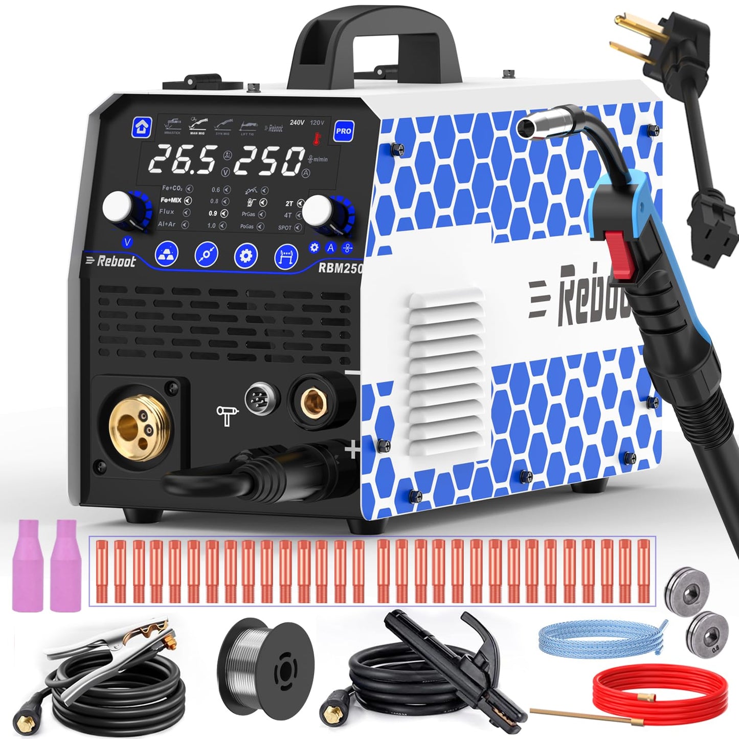 Reboot 250Amp MIG Welder 120V /240V RBM2500 PRO, 8-in-1 Multiprocess Welding Machine with Dual Aluminum Welding Modes, Gas MIG/Gasless MIG/MAG/Lift TIG/Stick/Spot/Spool Gun Compatible