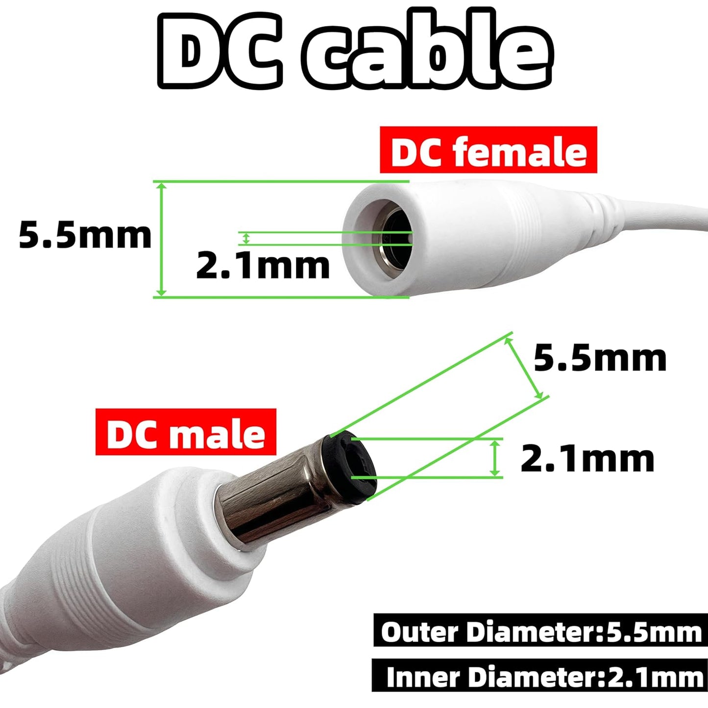 LETONDA 5.5mm 2.1mm, (1, 3.3 DC Power Extension Cable, x Security Camera Power Cord, White ft)