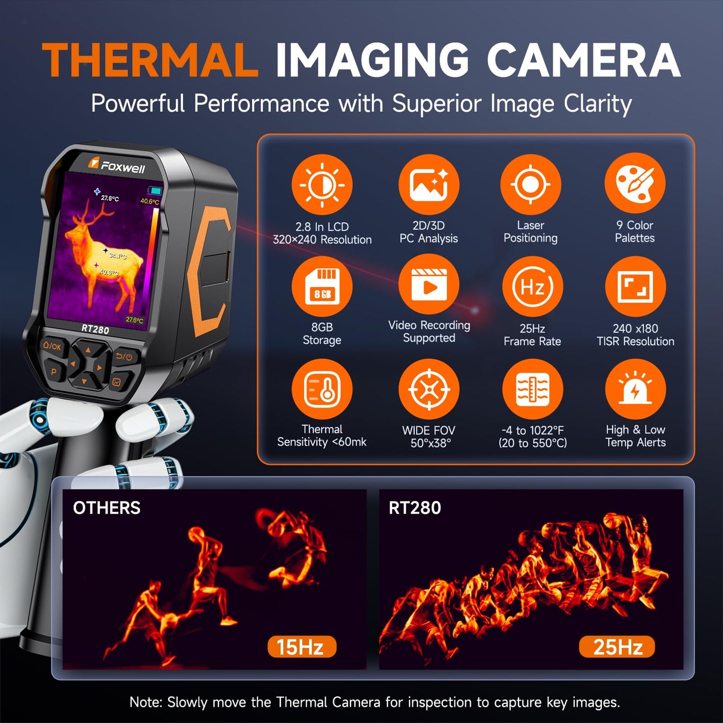 FOXWELL RT280 Thermal Imaging Camera, 320 X 240 2.8" LCD Screen Thermal Camera, TISR Resolution 240 x 180, 25Hz Handheld Infrared Cameras with Laser, PC Analysis, Photo & Video Recording, 8GB