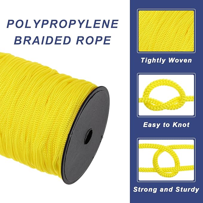 MECCANIXITY 3/16 Inch Polypropylene Rope Braided Ropes, 328ft Nylon Rope Hollow Utility Cord for Clothesline, Camping, Hiking, Outdoor, Yellow