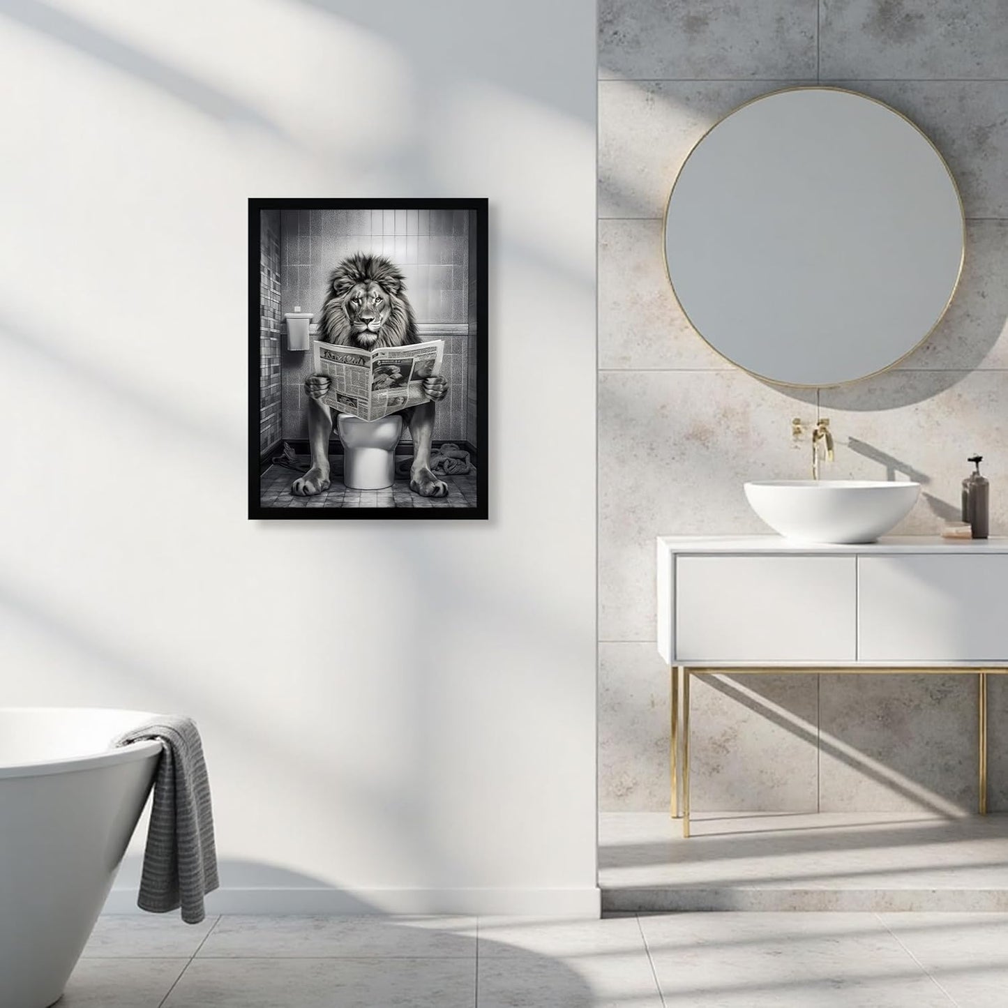 URMOYA Majesty Lion Bathroom Wall Art - Funny Black and White Canvas Decor | 12x16 Inch Framed Print