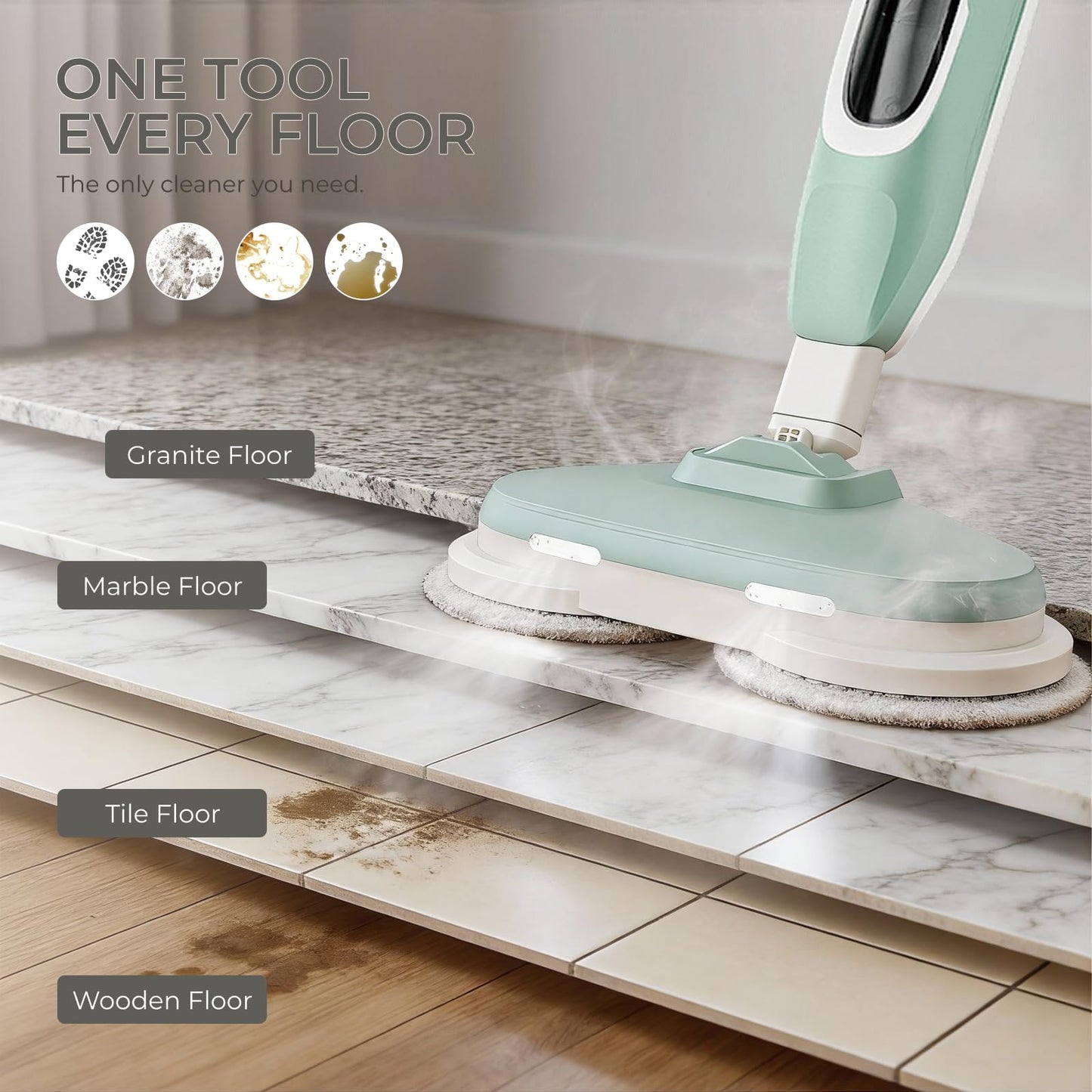 EPROEON Steam Mop, All-in-One Steam and Scrub Hard Floor Cleaner with LED Headlights, 450ml Tank, 4 Soft Pads, Dual Power, Swivel Steering for Hardwood, Tile and Laminate