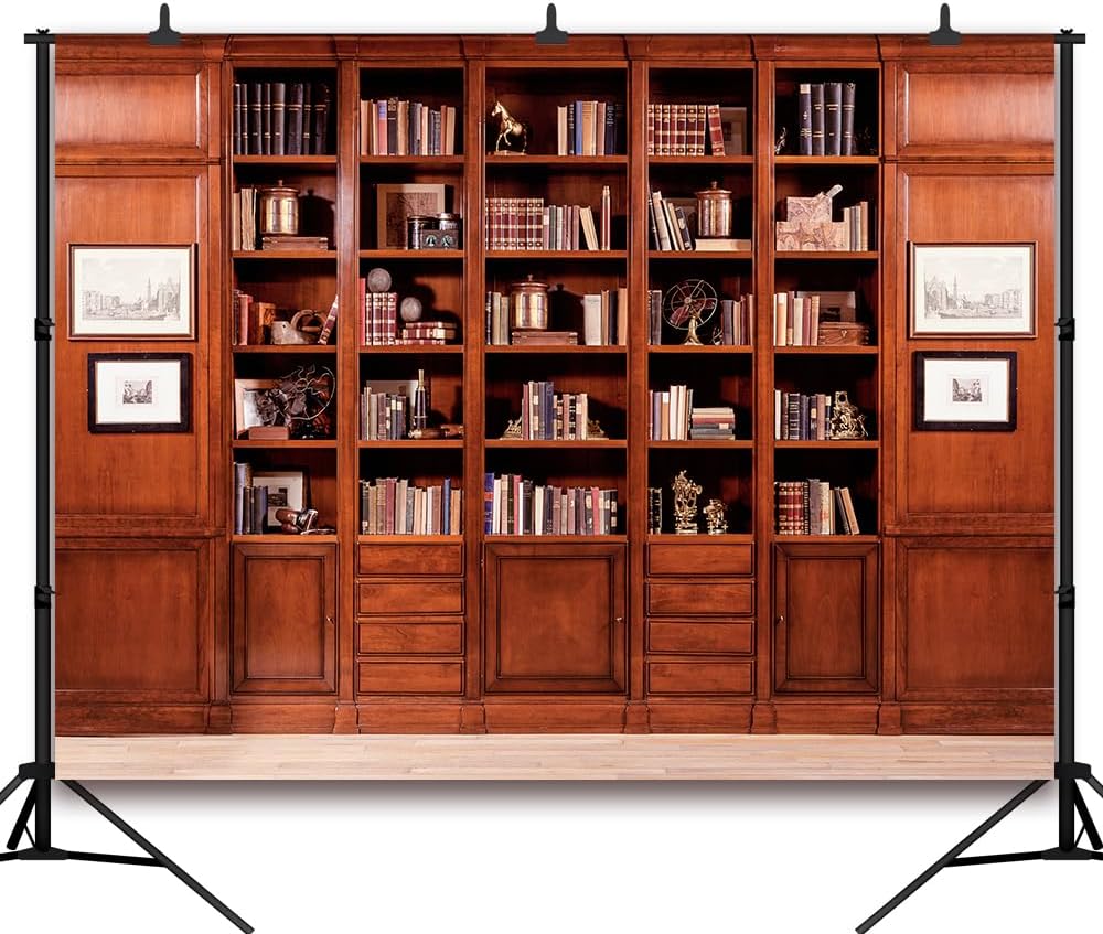 DULUDA 7x5 FT Brown Bookshelf Backdrop Library Modern Bookcase Office Backdrop Video Recording Internal Conference Room