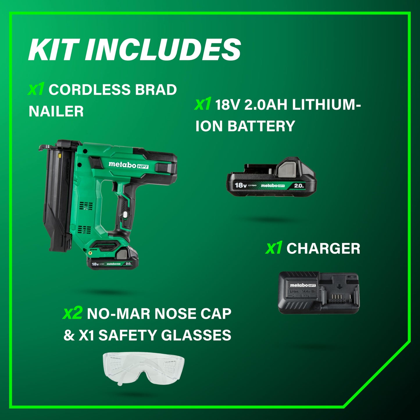 Metabo HPT 18V MultiVolt Compact Cordless Brad Nailer Kit, 18 Gauge Nailer with Power Tool 2.0Ah Lithium Ion Battery, Drives 5/8" to 2" Brad Nails, 700 per Charge, NT1850DG